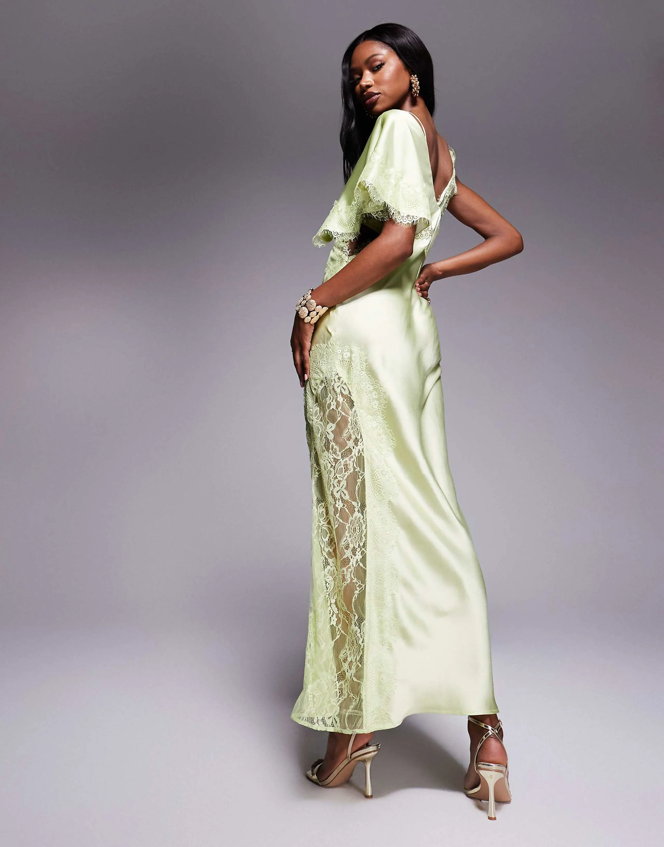 ASOS DESIGN satin one shoulder maxi dress with lace trim in sage green