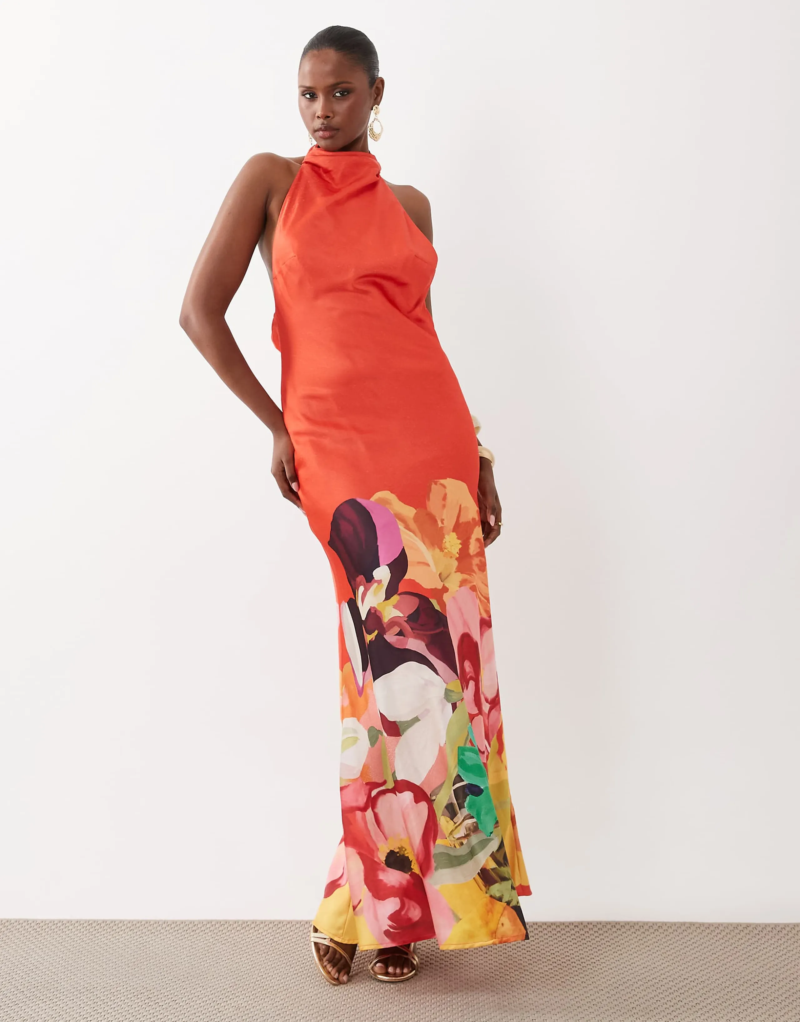 ASOS DESIGN high neck halter maxi dress in red placement floral print