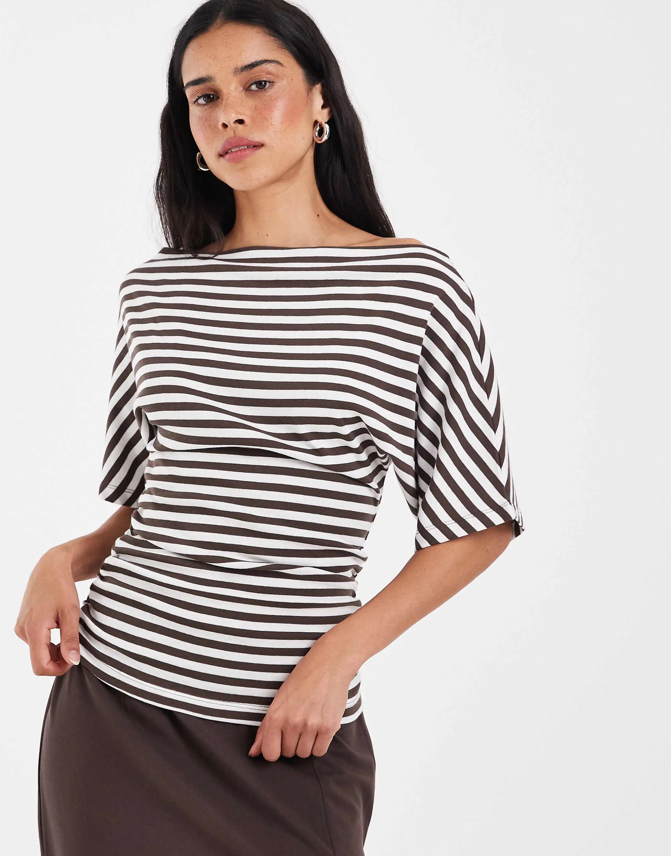 Noisy May boatneck cinch top in brown striped print