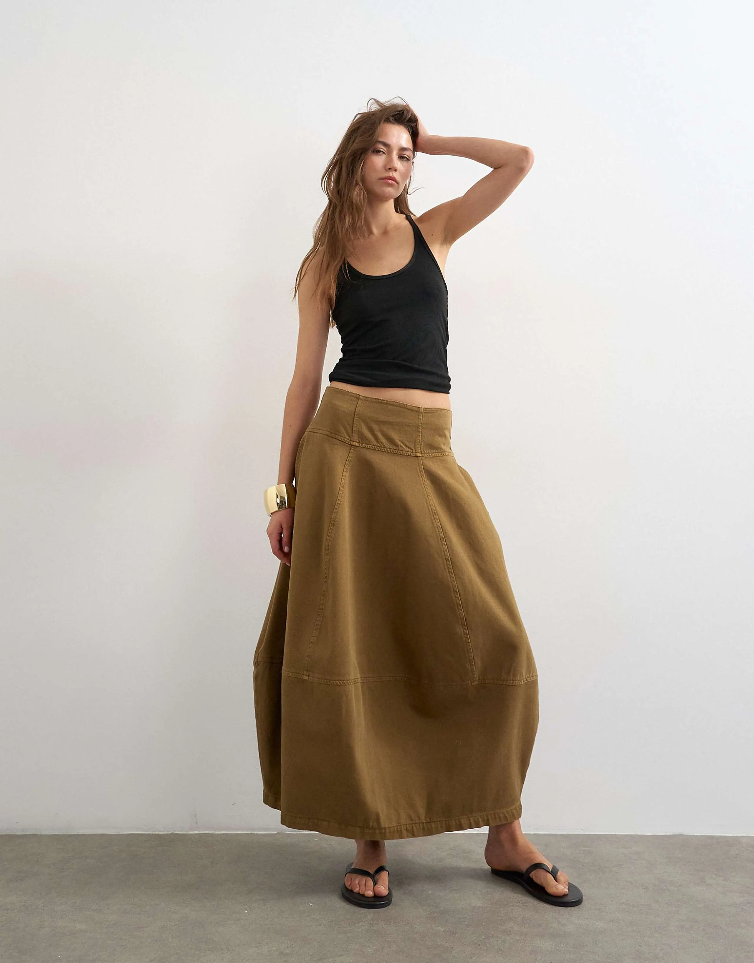 Topshop denim barrel seamed maxi skirt in cumin