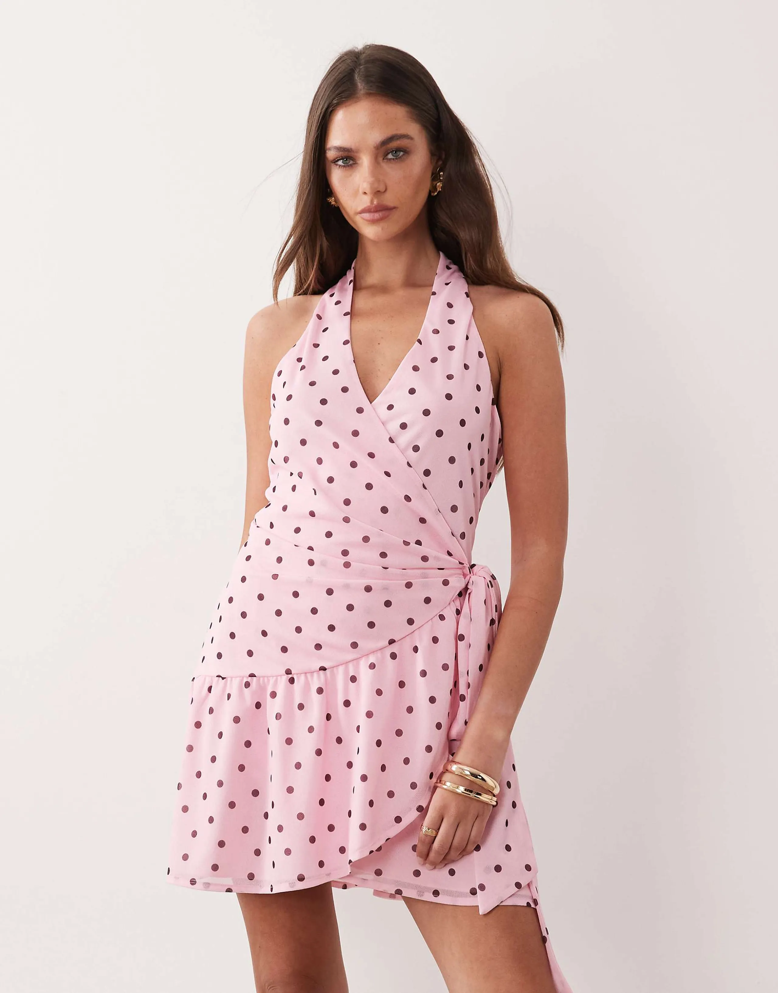 Gina Tricot sheer wrap mini dress in pink polka dot