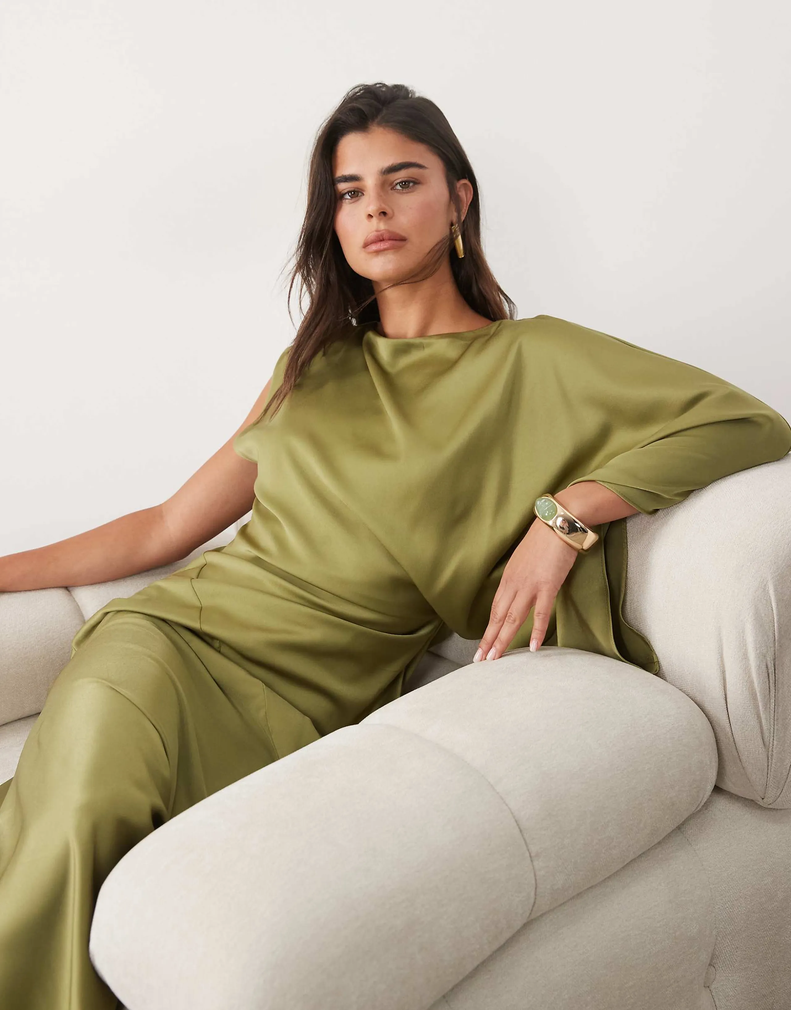 ASOS DESIGN one shoulder maxi dress with open back in olive