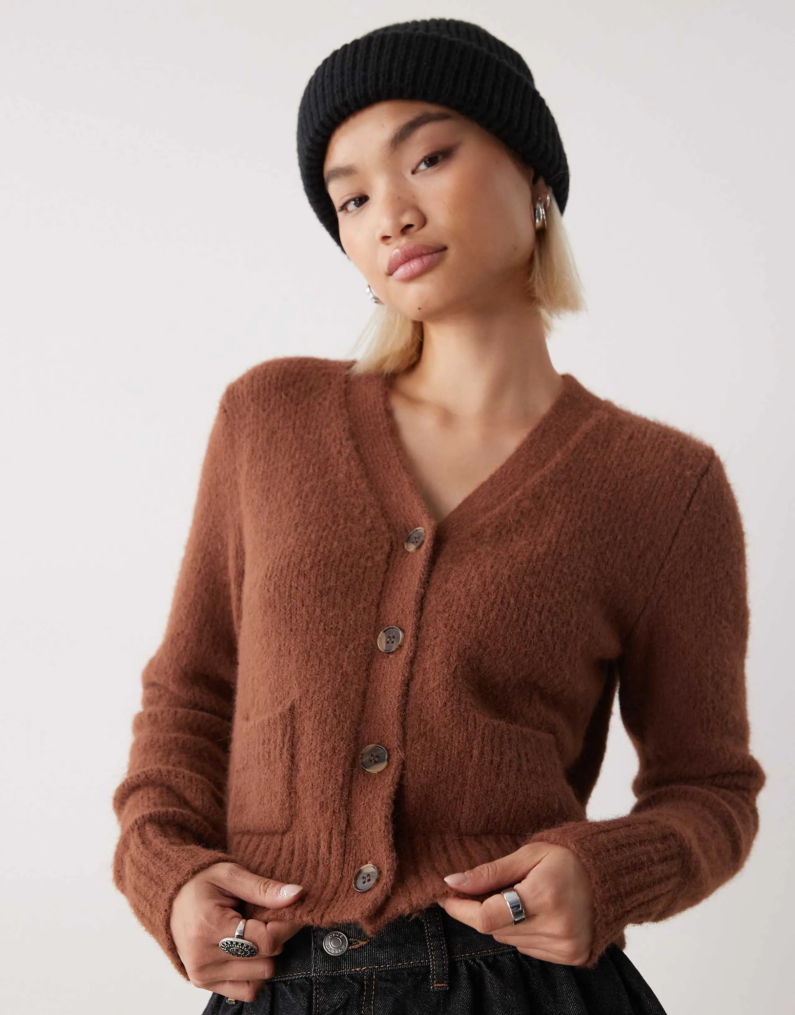 Monki cropped cardigan with front pockets in brown