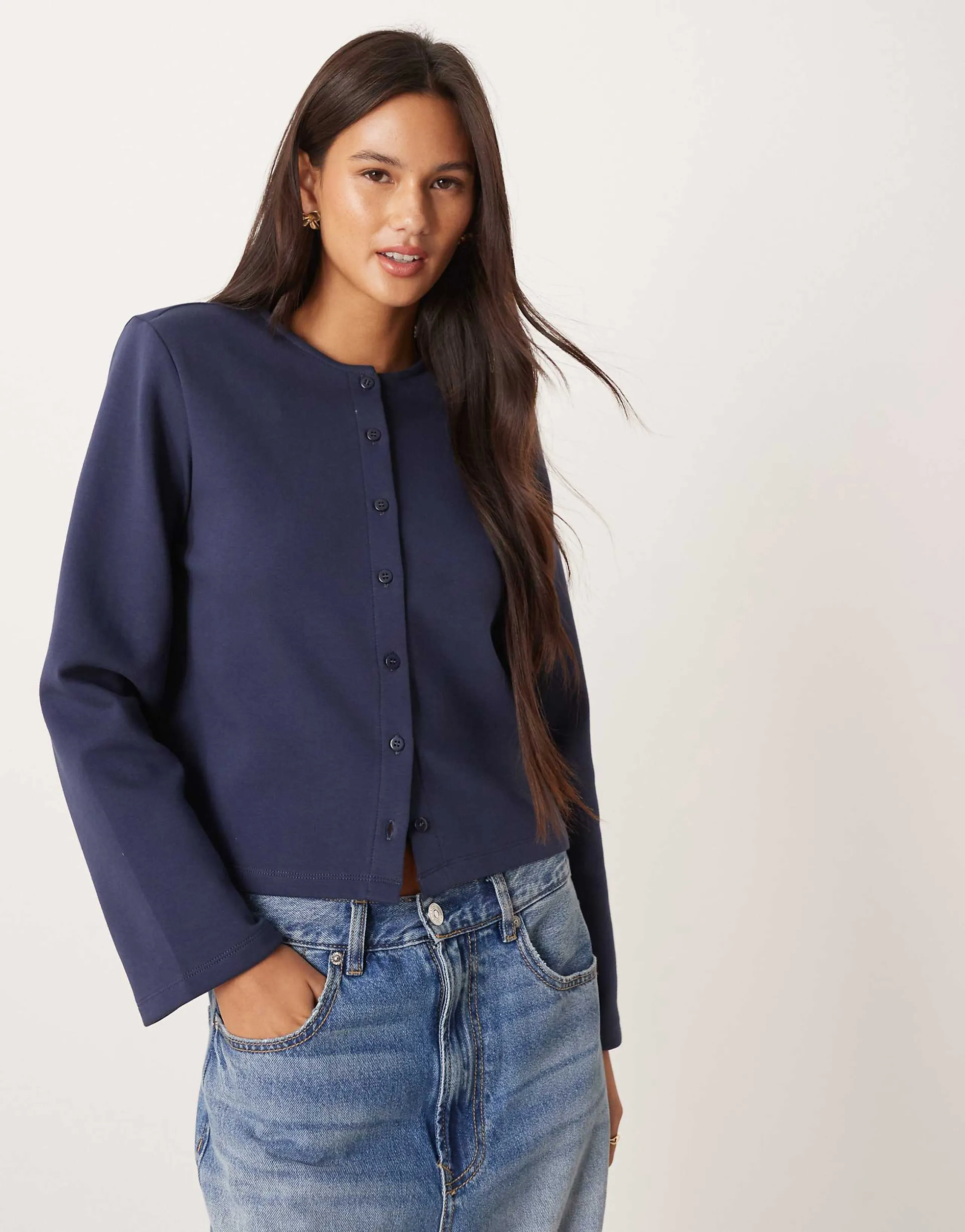 ASOS DESIGN interlock button up boxy top with shoulder pads in navy