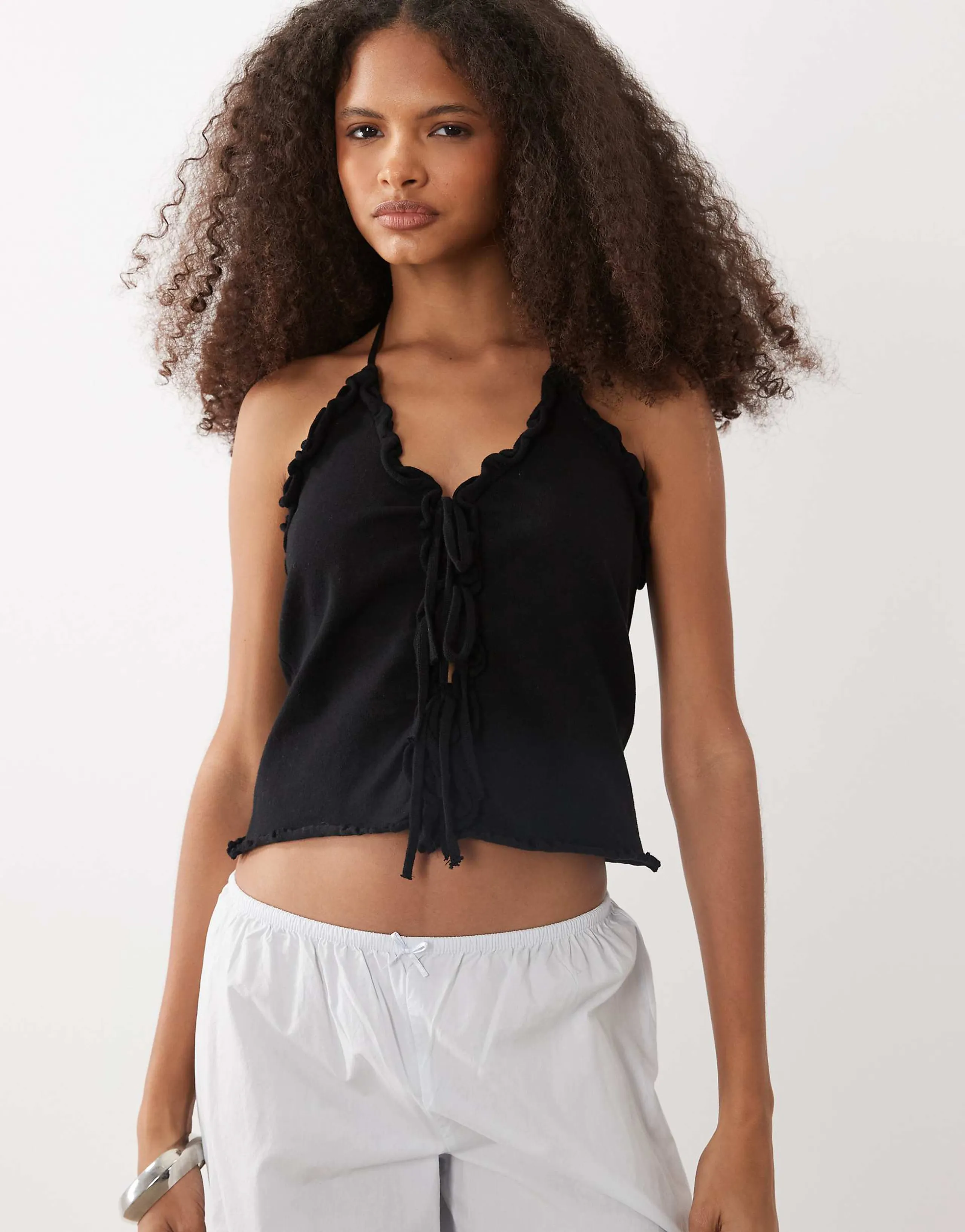 Mango Teen knitted tie front sleeveless top in black