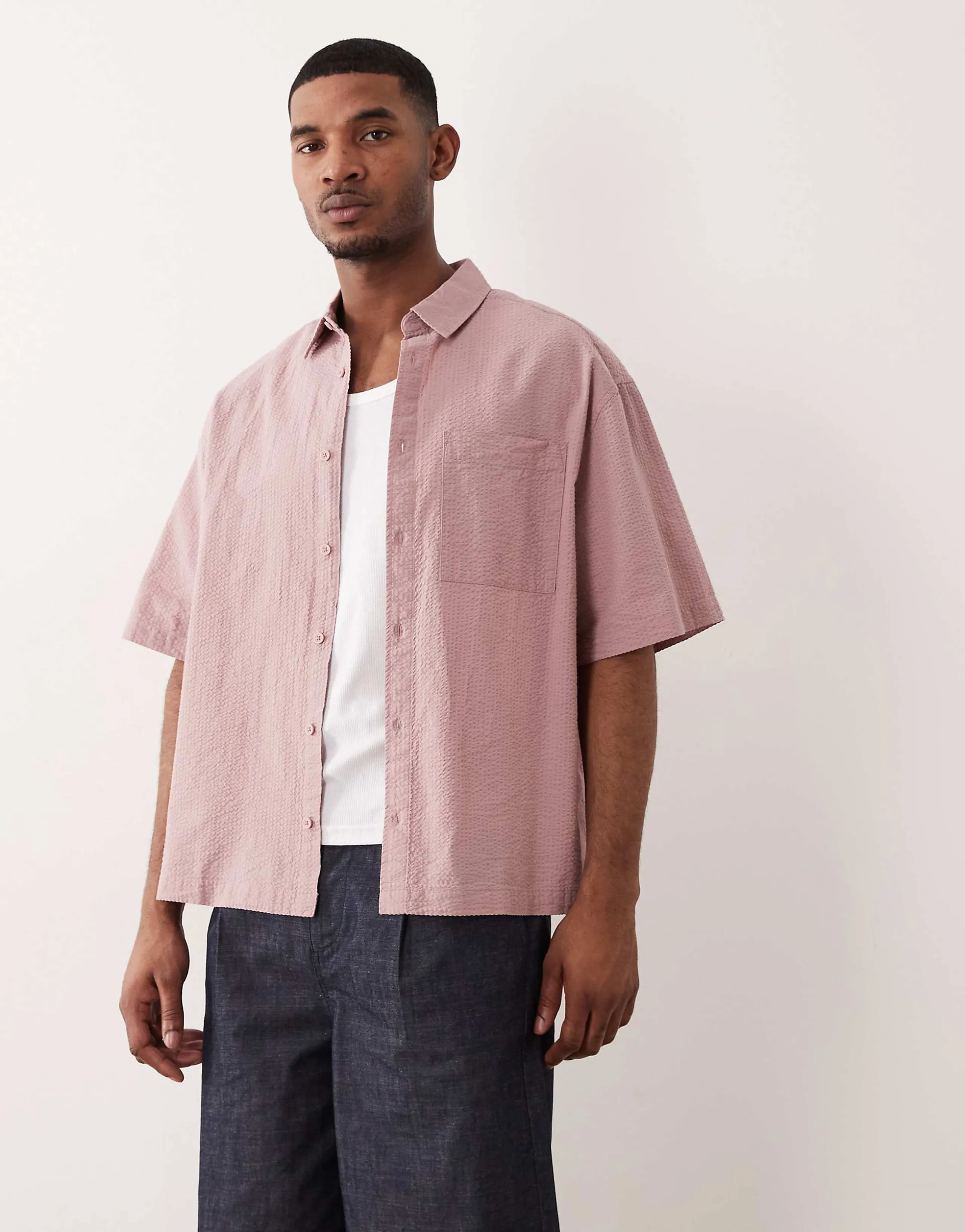 ASOS DESIGN oversized seersucker shirt in pink