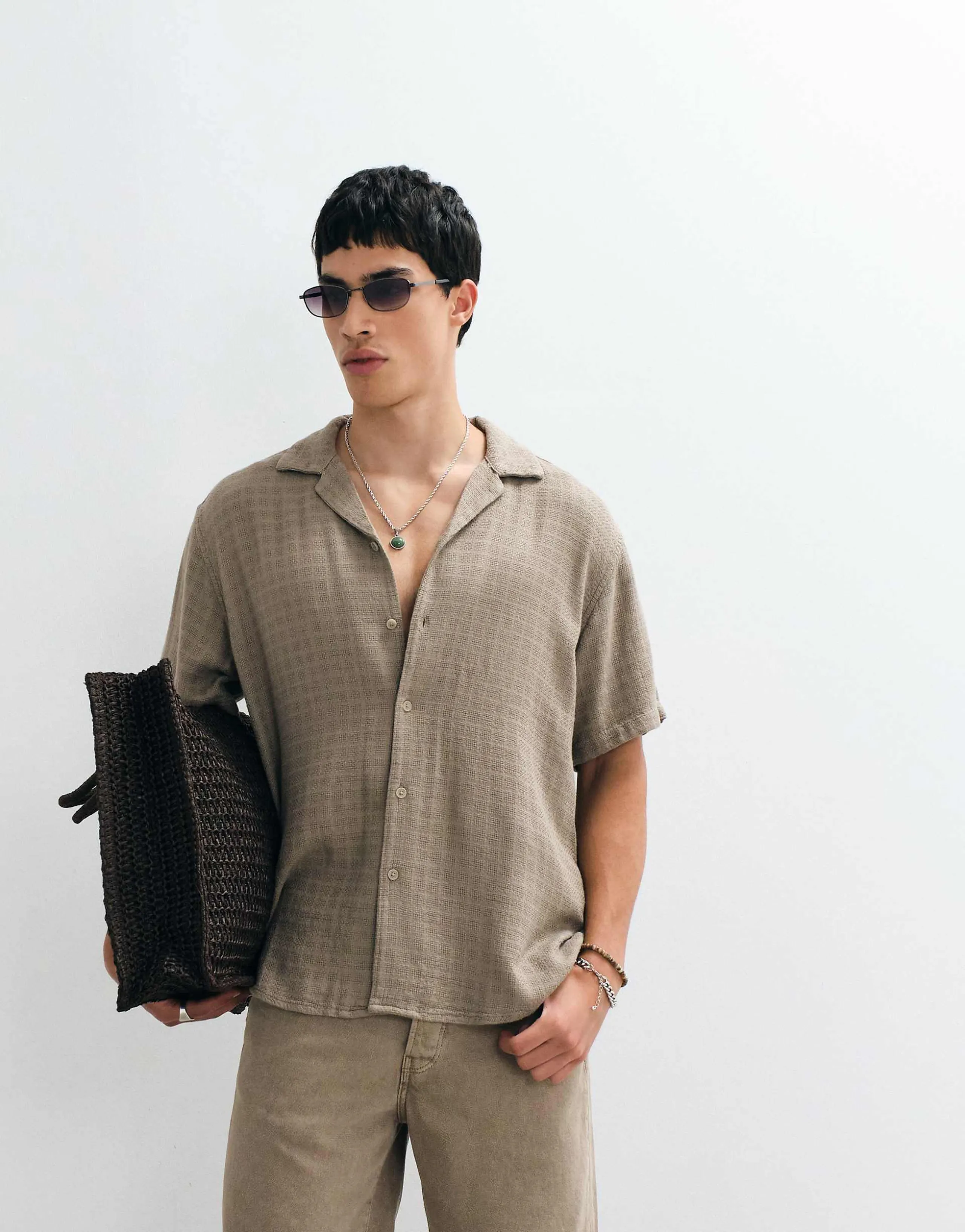 ONLY & SONS short sleeve linen mix textured shirt in taupe - part of a set