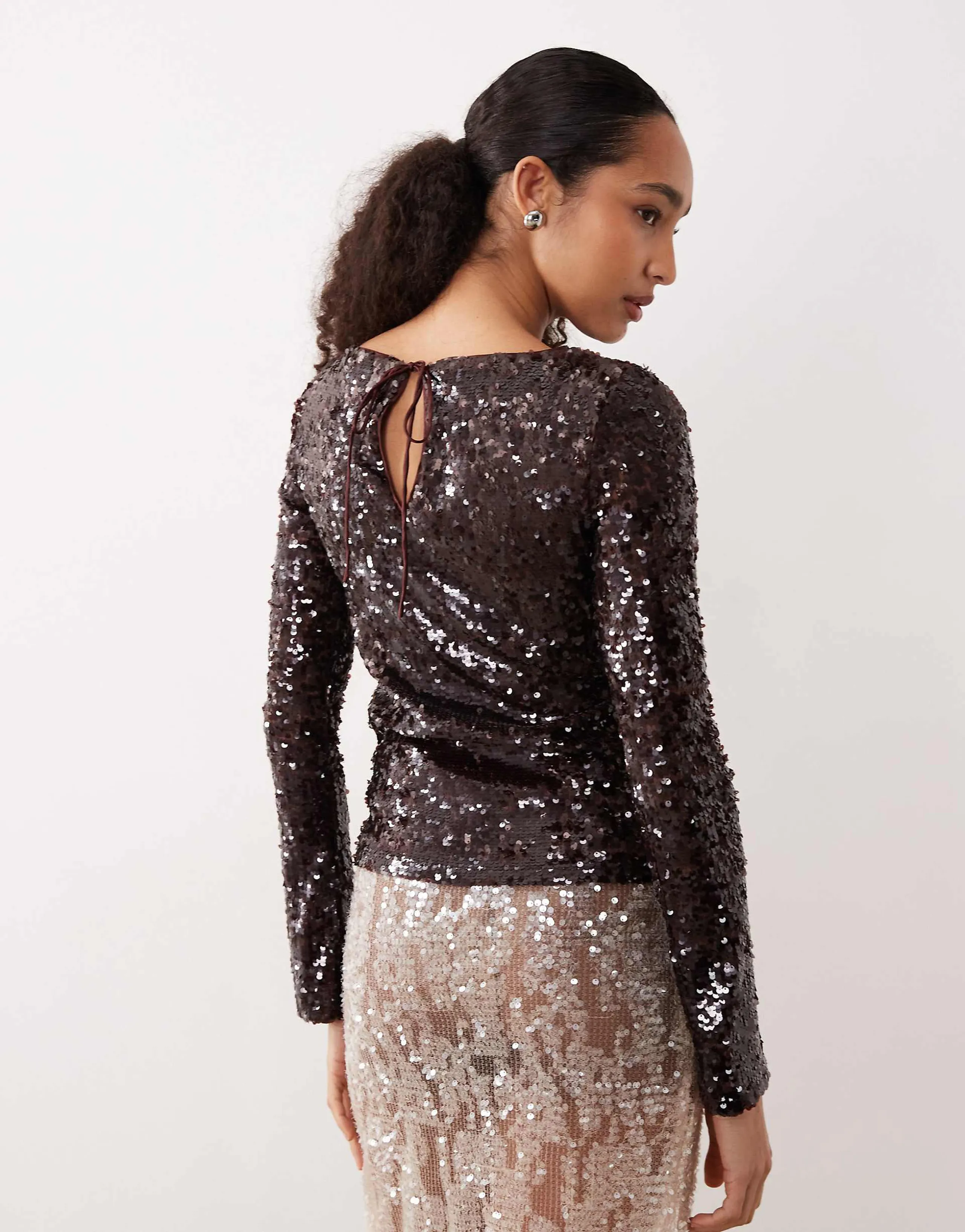 Mango sequin long sleeve top in brown