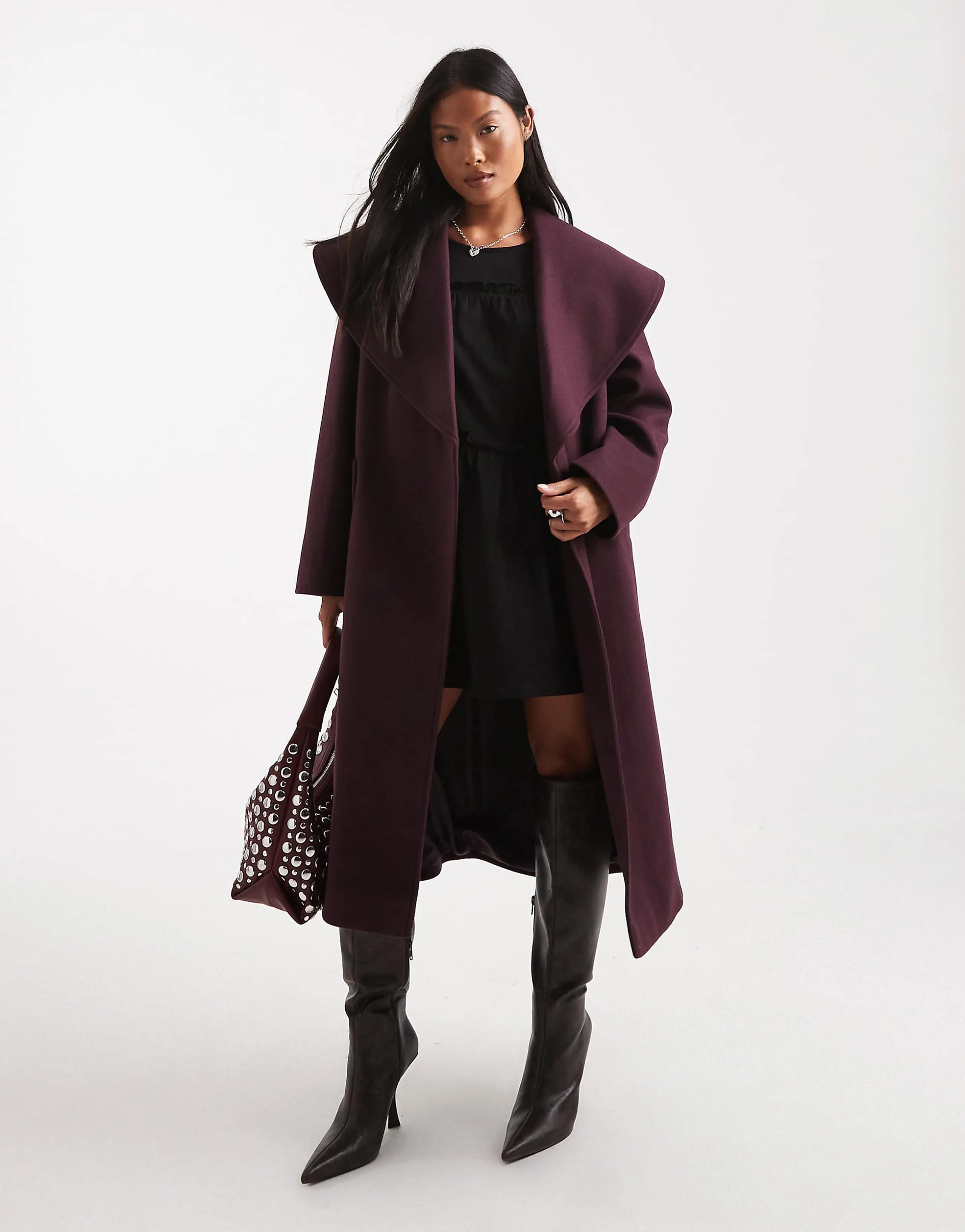 Miss Selfridge Petite formal wrap coat in plum