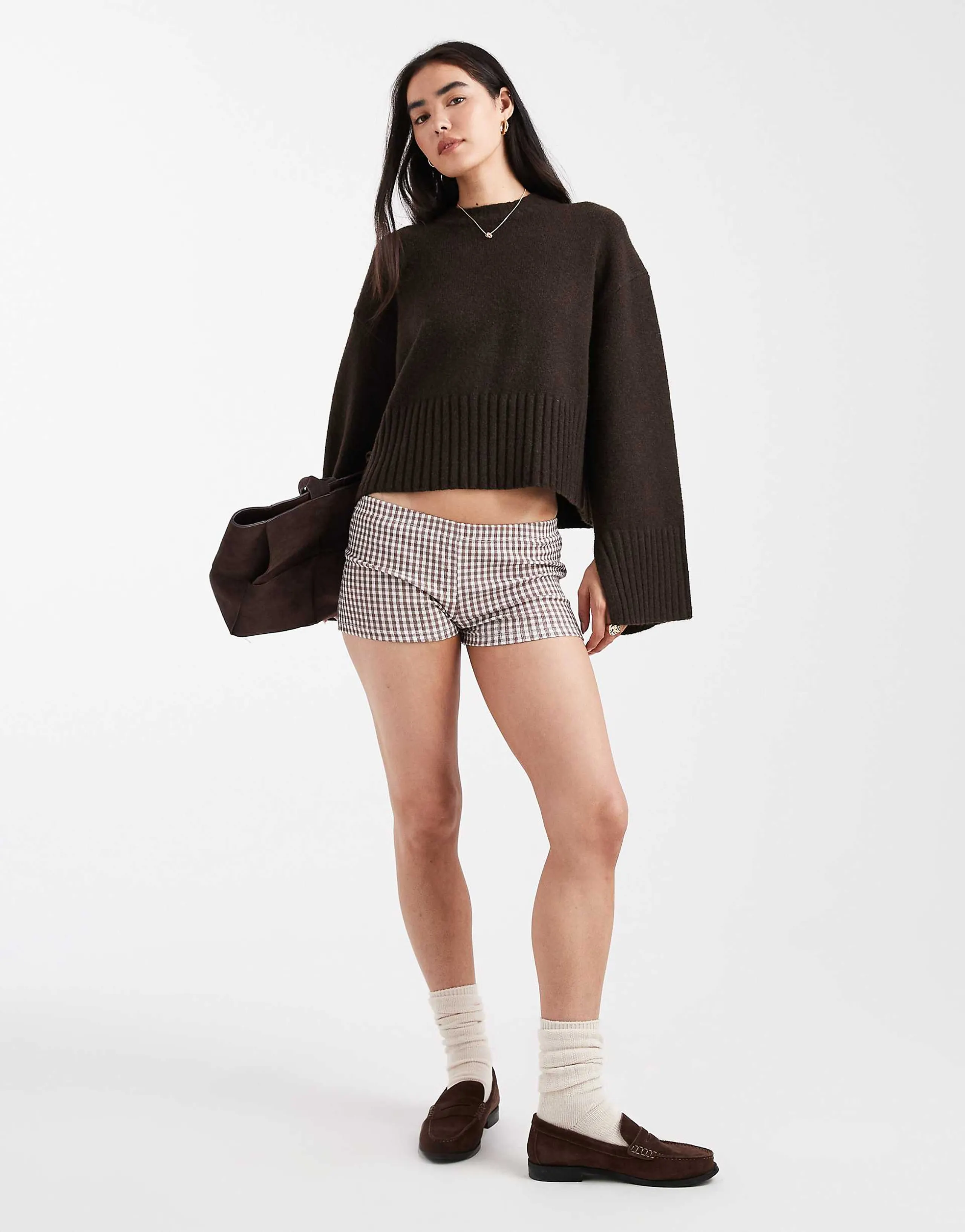 Monki crew neck knit sweater with ribbed cuffs and hem detailing in dark chocolate brown