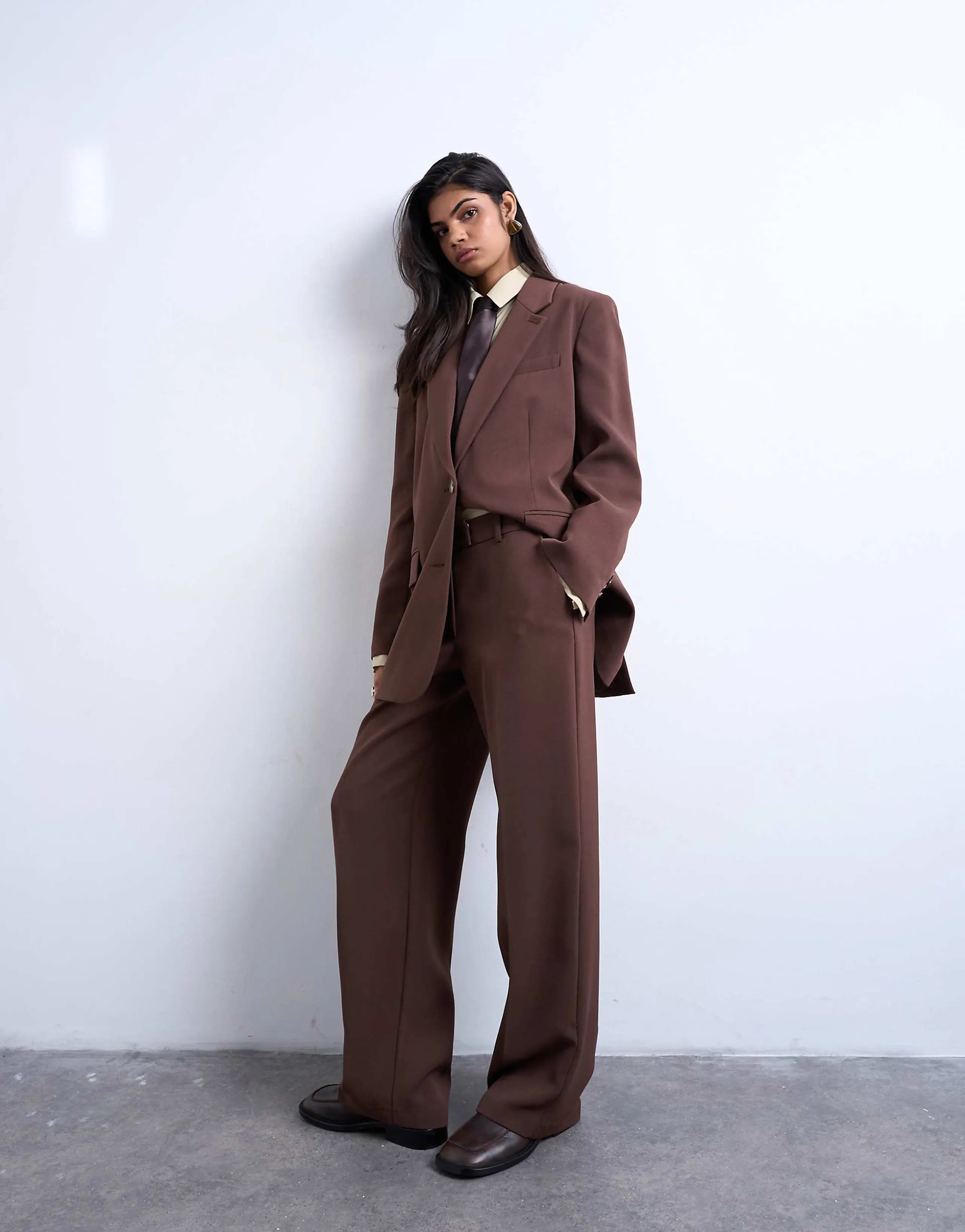 Topshop mid rise clean straight leg pants in chocolate - part of a set