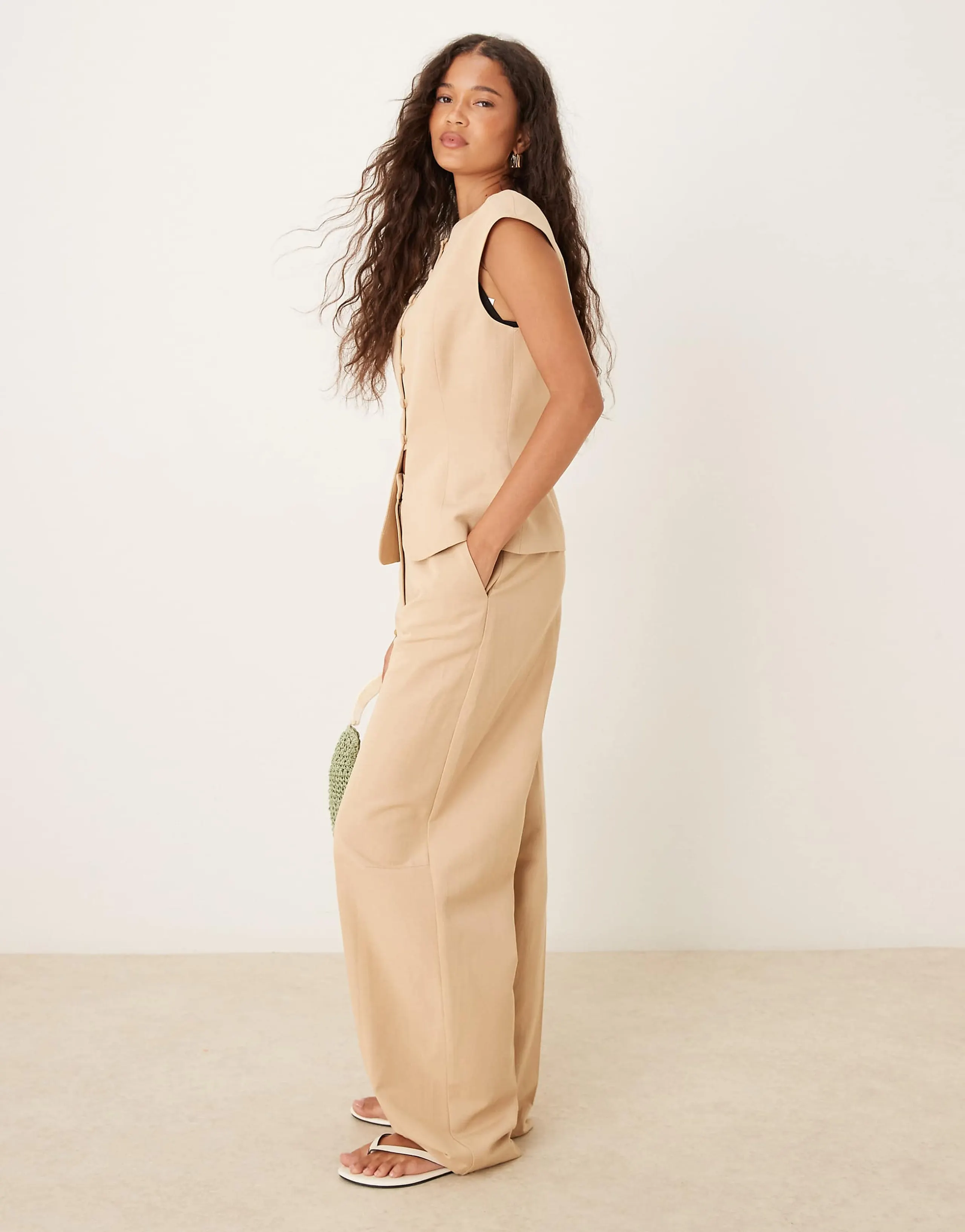 ASOS DESIGN linen blend tailored barrel leg pants in neutral