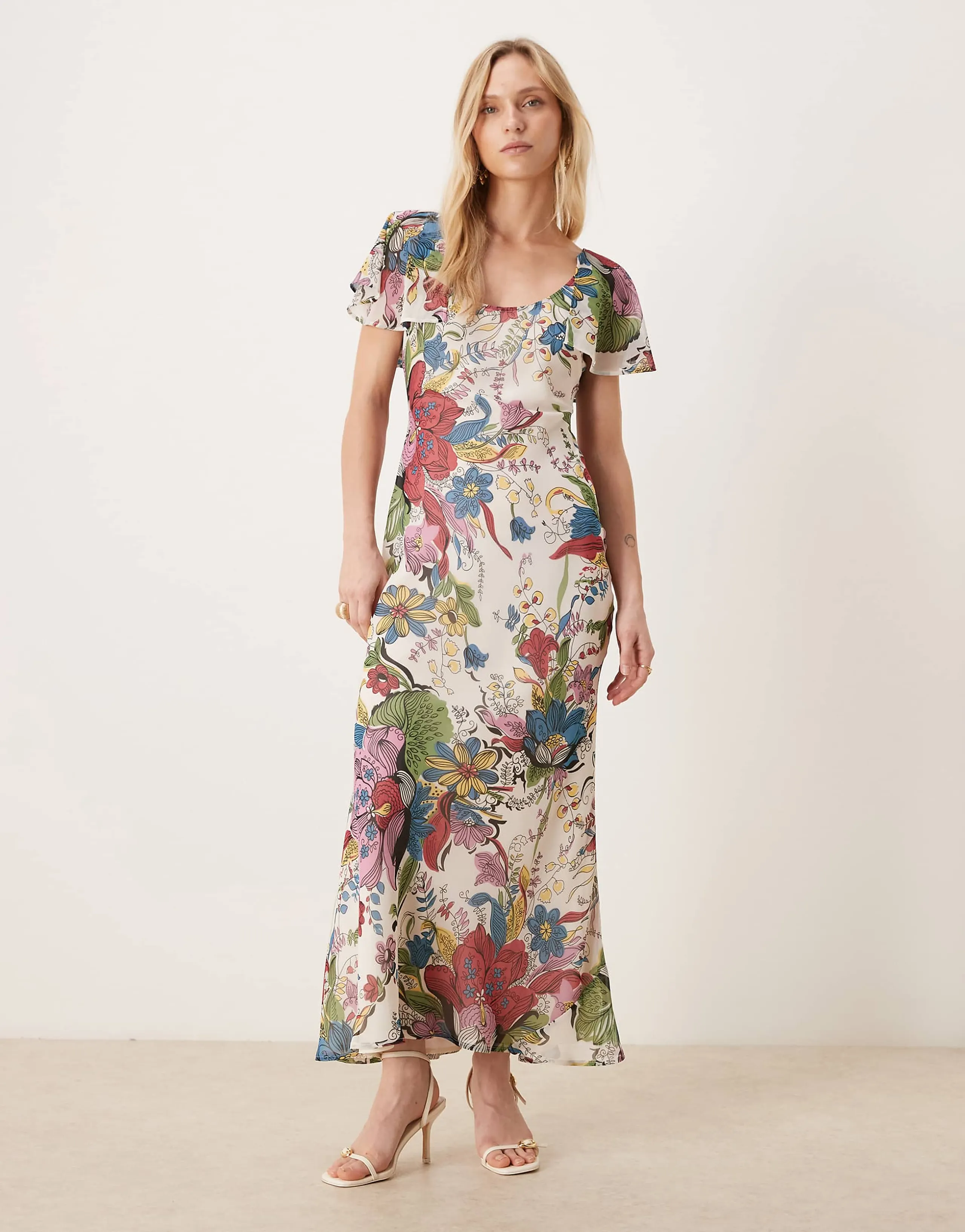 ASOS DESIGN Petite ruffle sleeve scoop neck bias cut maxi dress in paisley print
