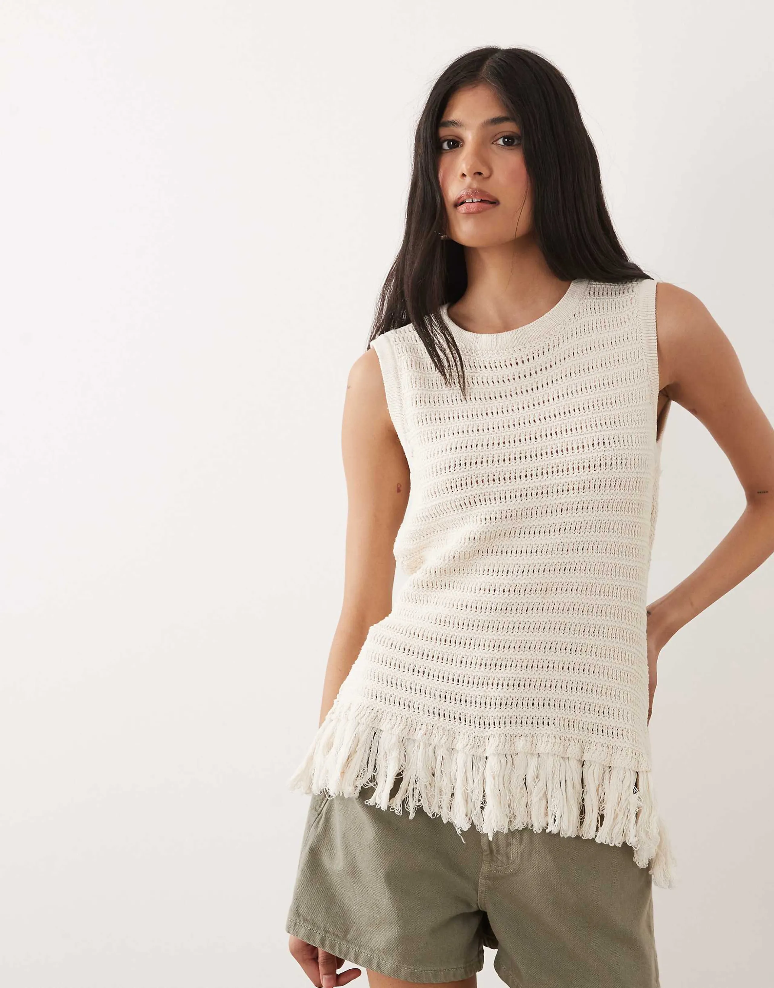ASOS DESIGN crochet knit fringe tank in ecru
