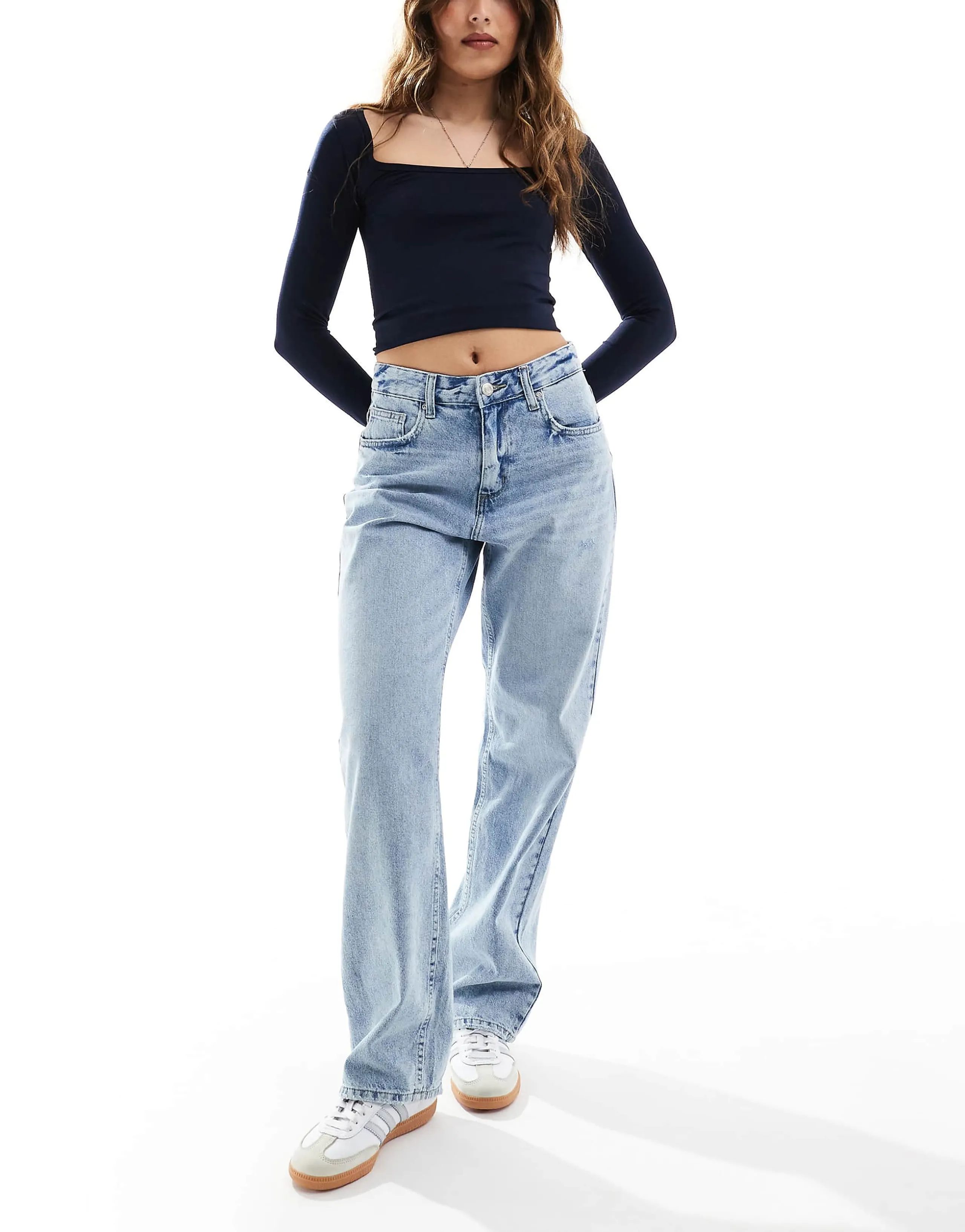 ONLY Ella mid waist straight leg jeans in light blue