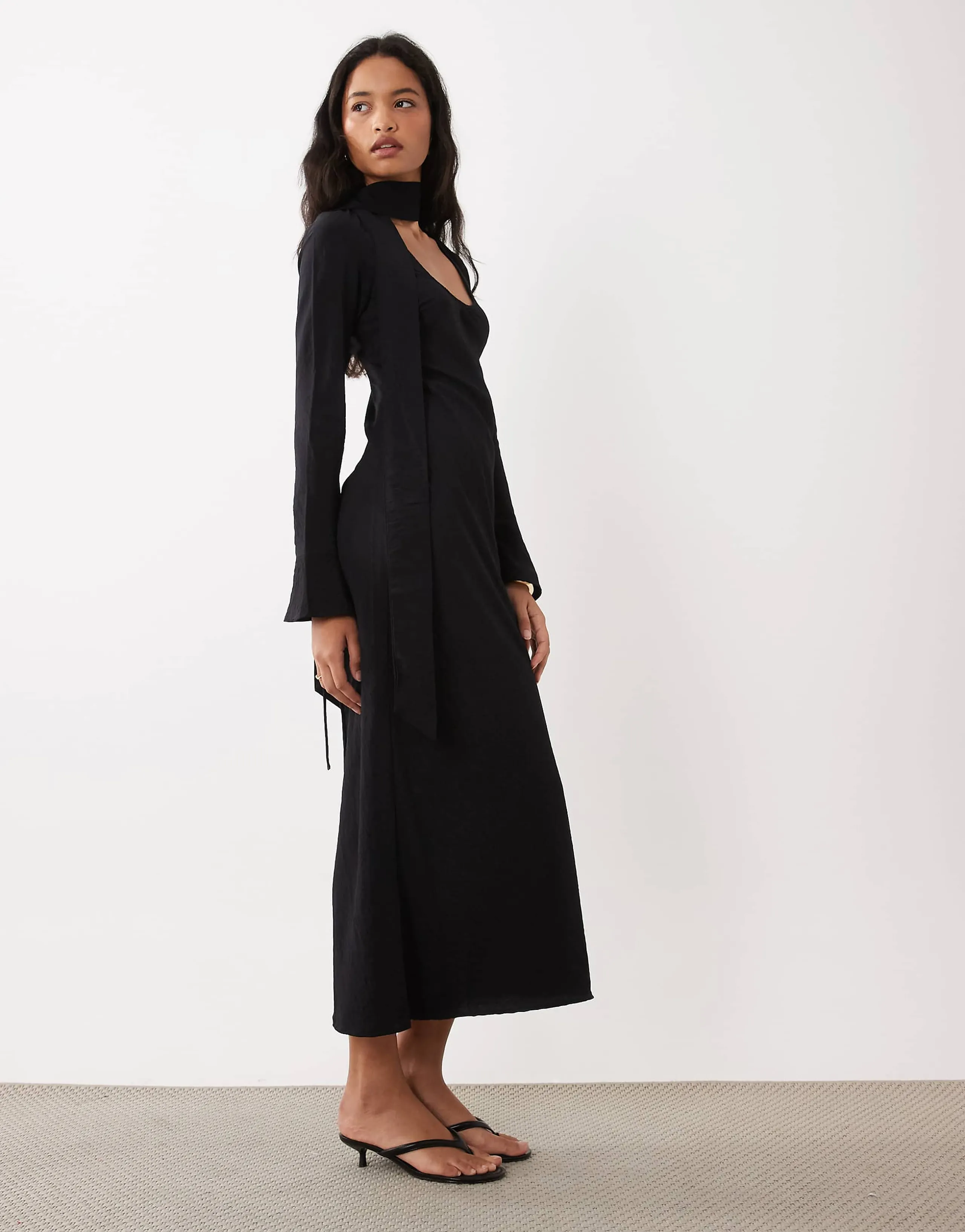 ASOS DESIGN techy fabric scoop neck long sleeve maxi dress with scarf in black