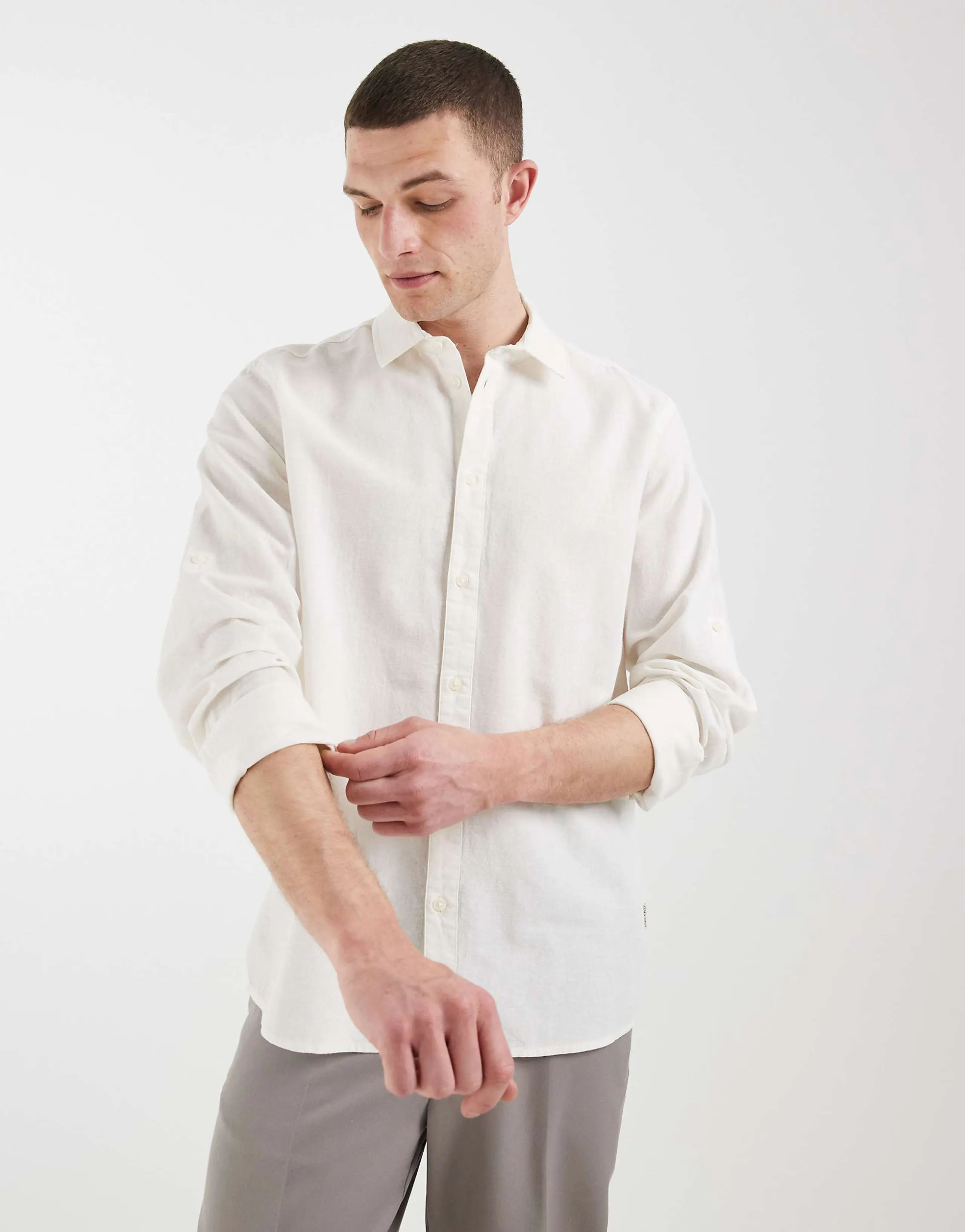 BLEND cotton-linen regular fit long sleeve shirt in white