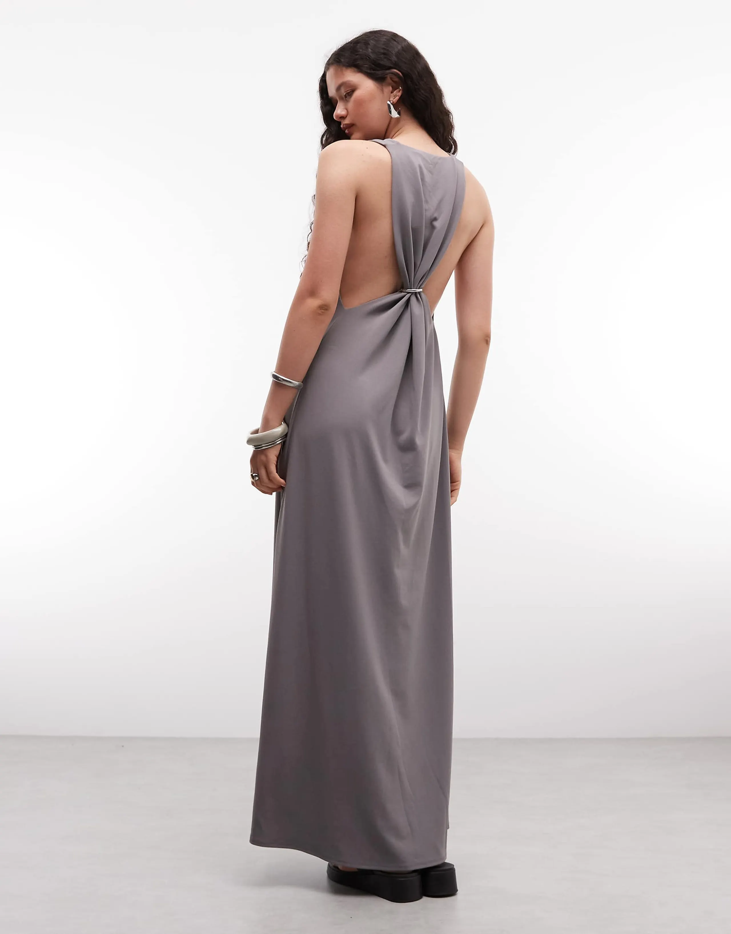 Weekday maxi dress with deep v neck and racer back metal detail in gray
