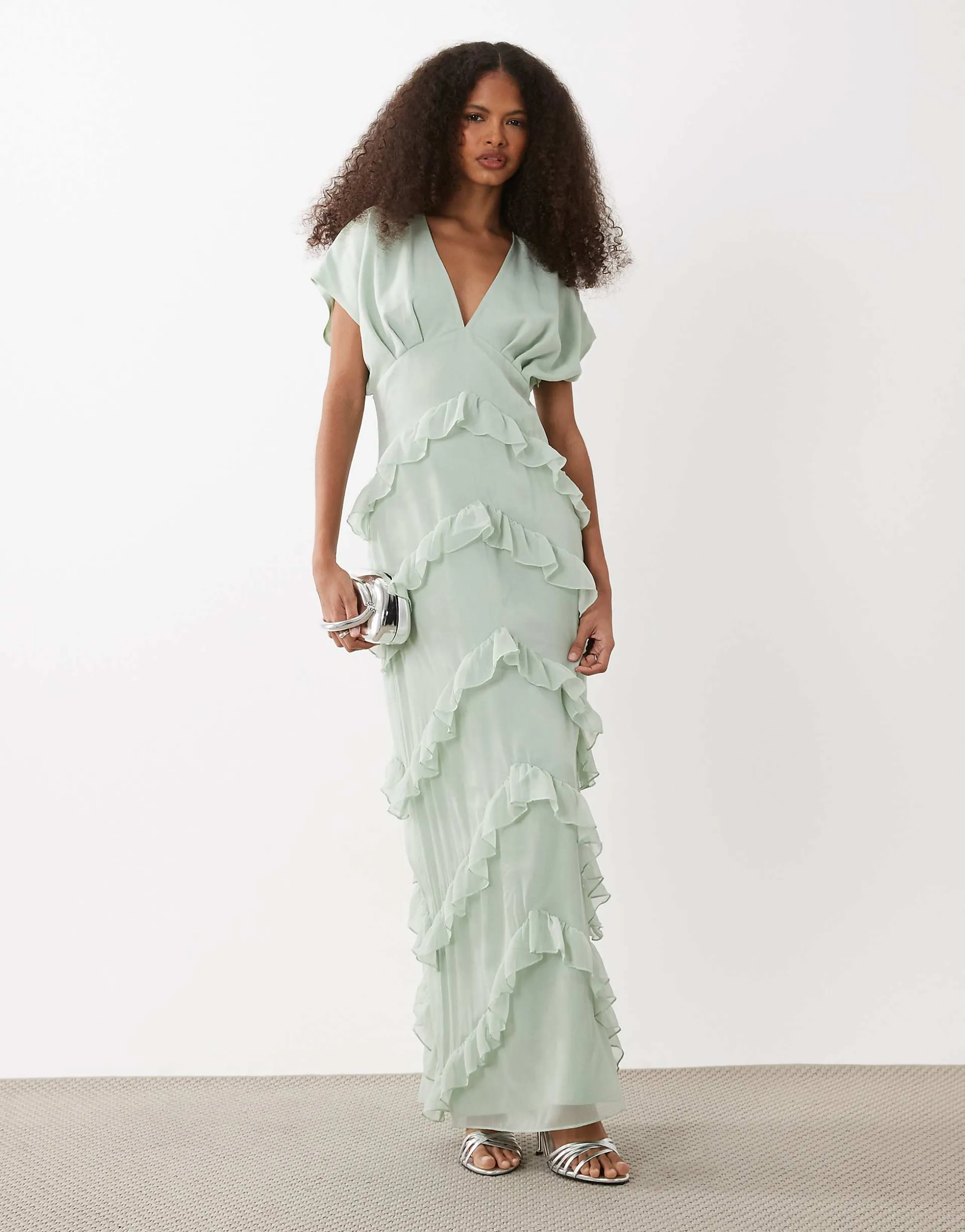 Pretty Lavish chiffon V-neck ruffle maxi dress in sage green