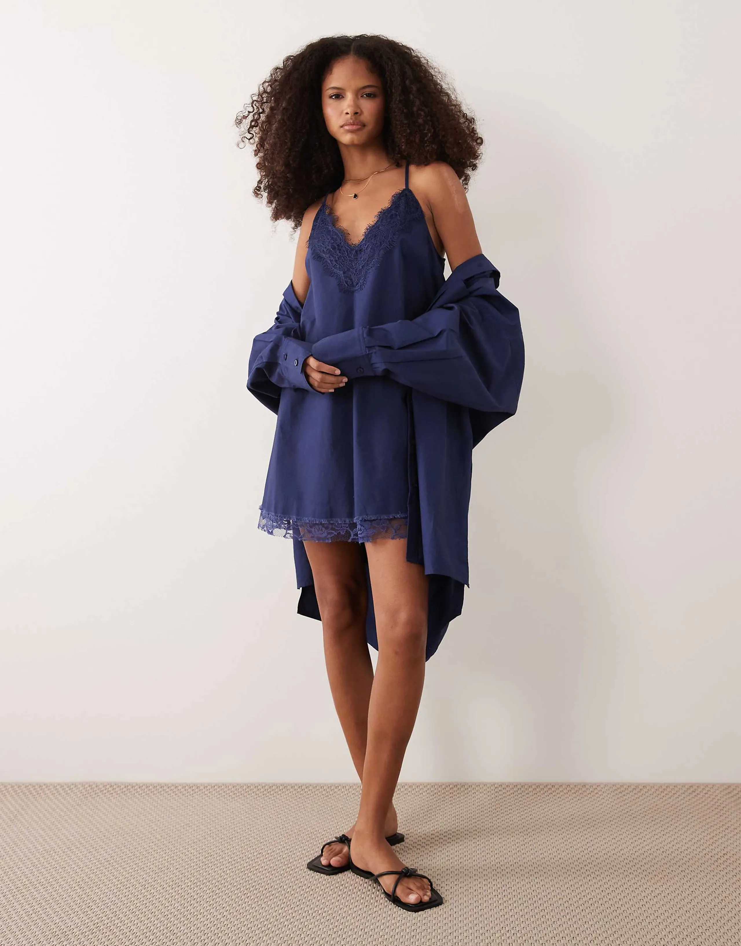 ASOS DESIGN cami v-neck mini sundress with lace overlay in navy 
