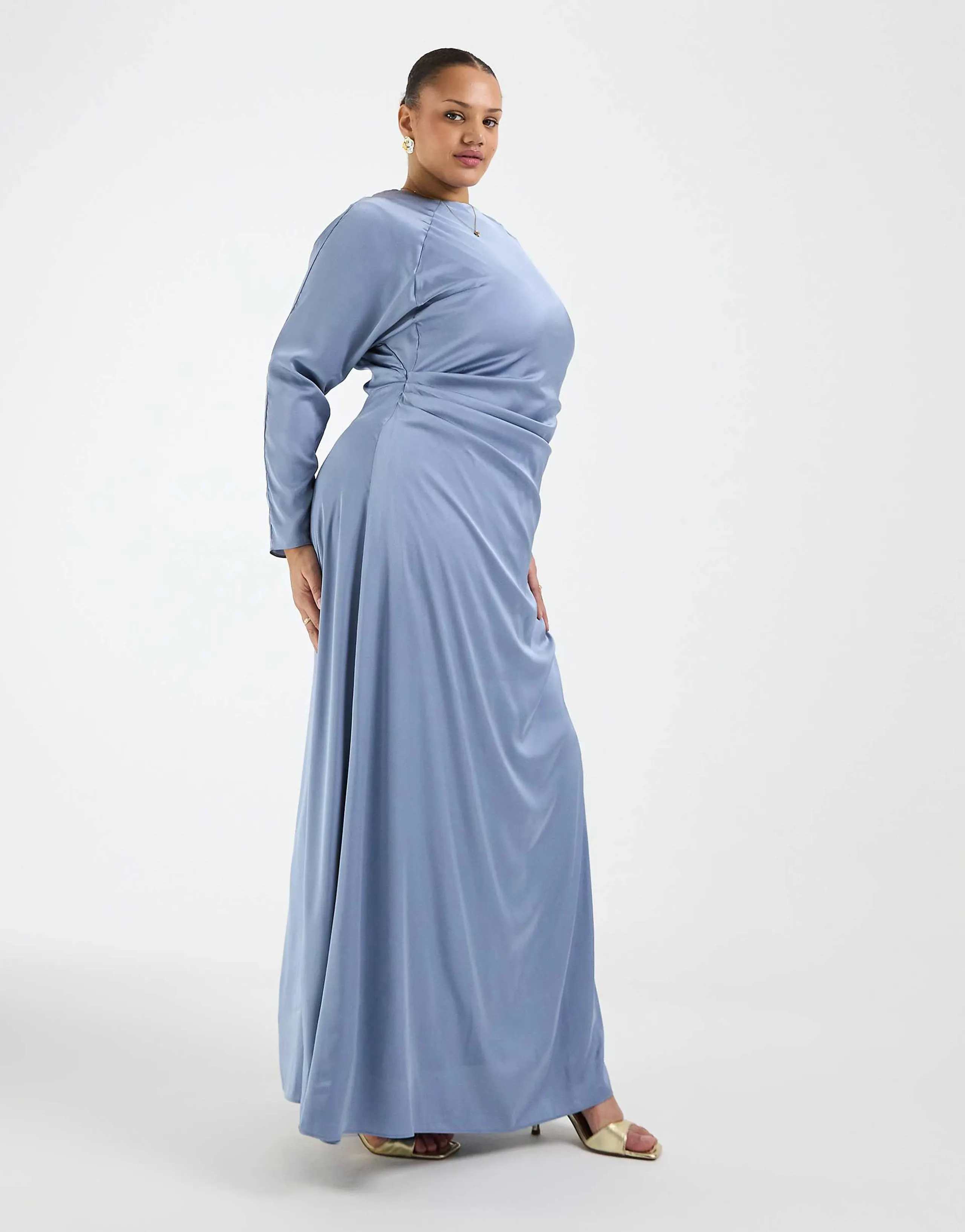 TFNC Plus Bridesmaids long sleeve satin maxi dress in dusty blue
