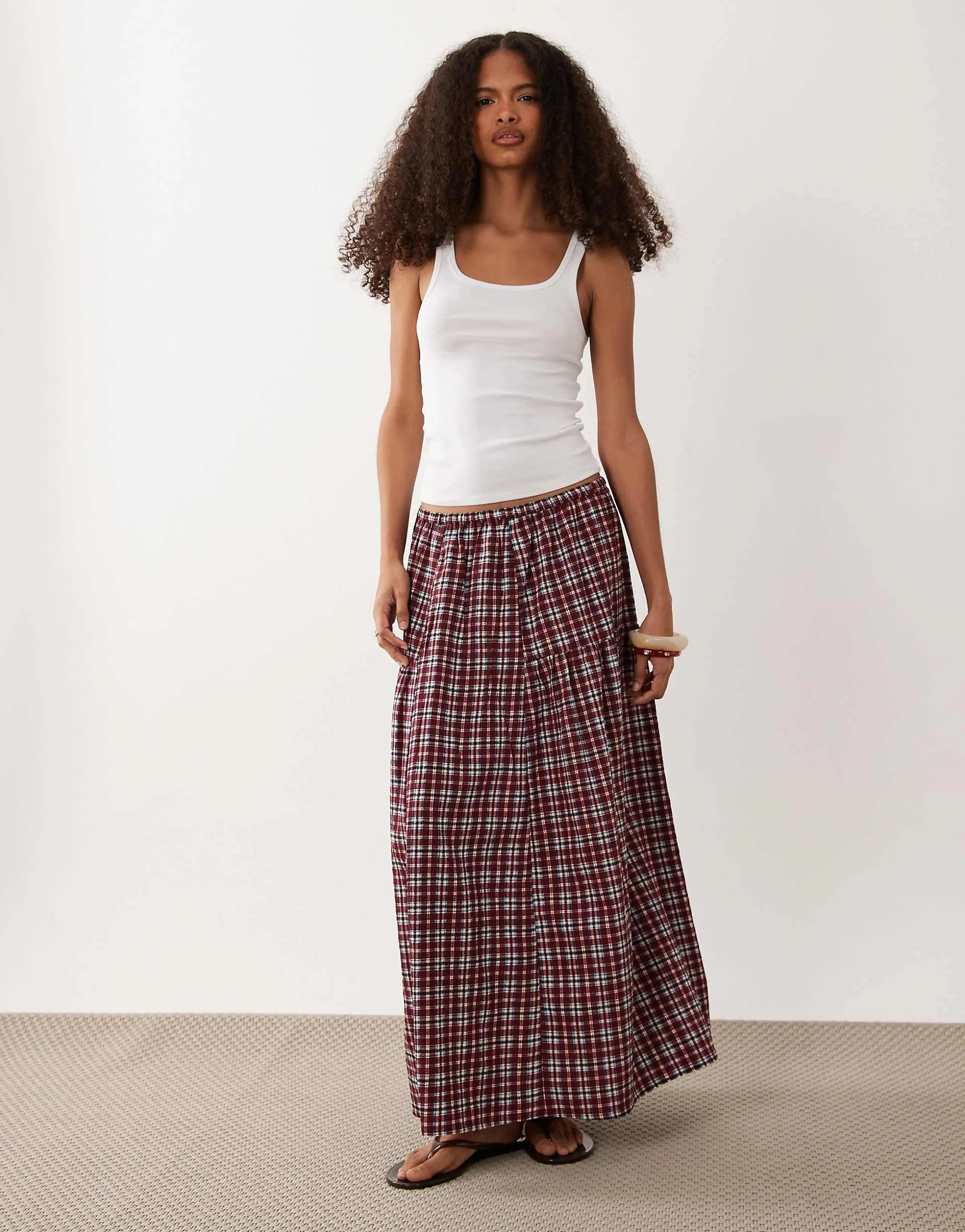 Wednesday's Girl midaxi skirt in burgundy gingham