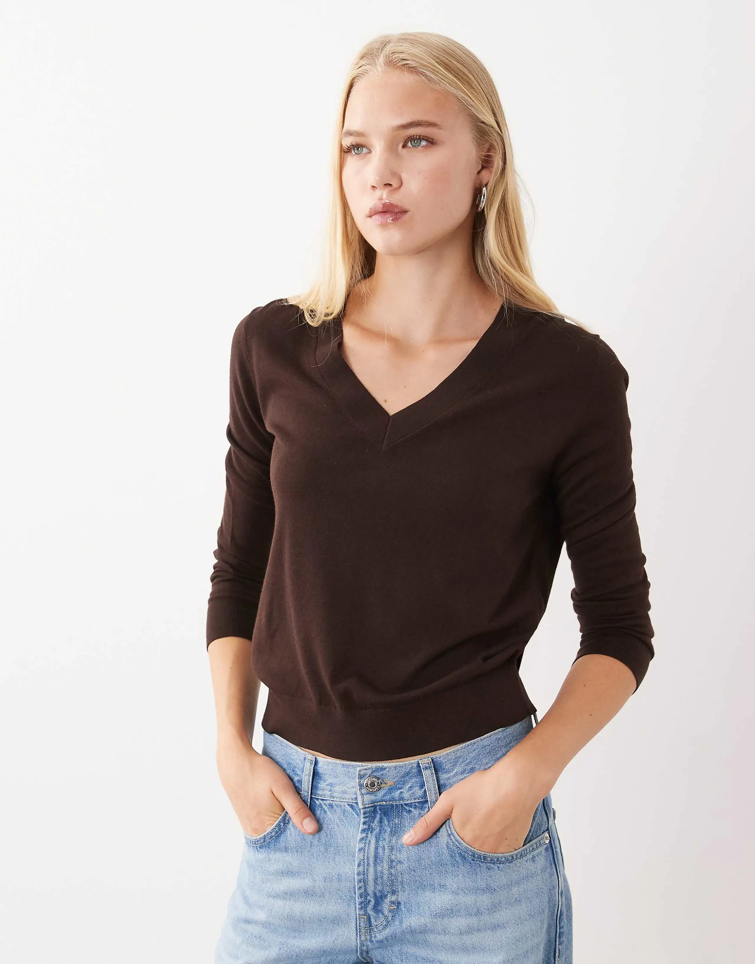 Mango v neck sweater in brown