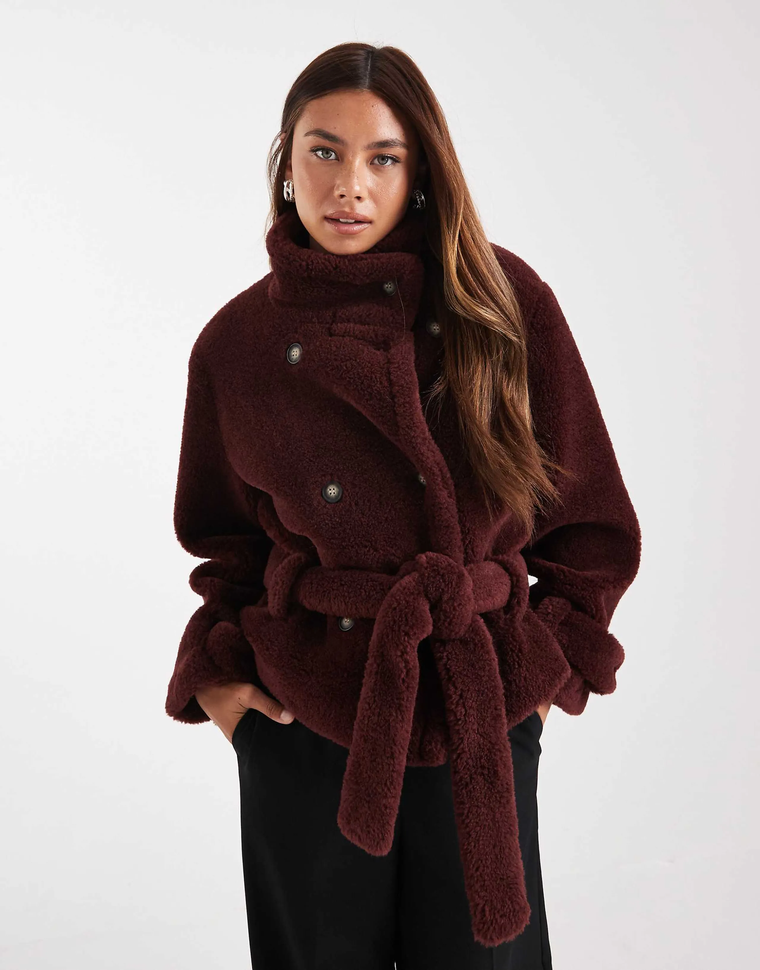 ASOS DESIGN teddy cropped trench coat in burgundy
