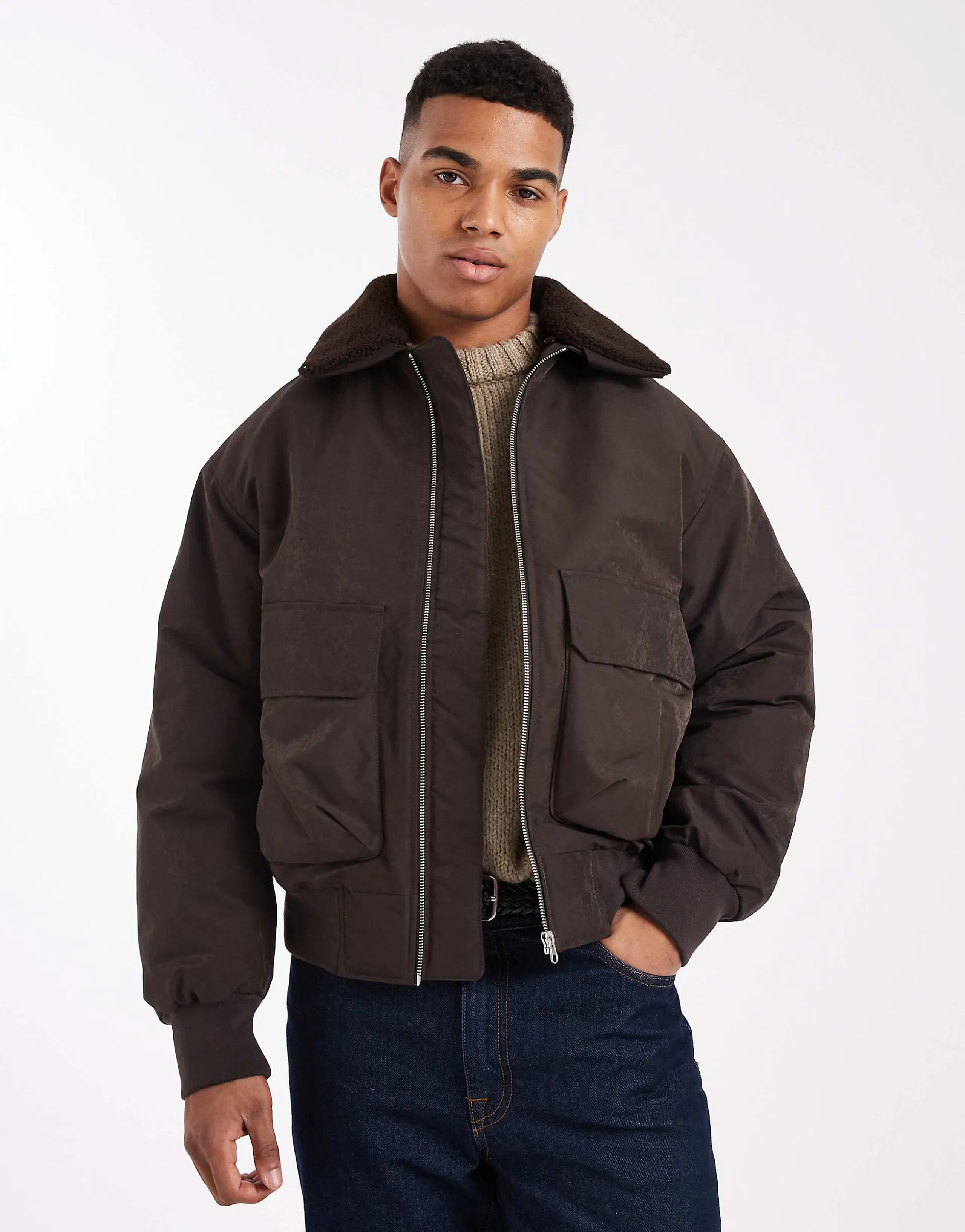 Jack & Jones bomber jacket with teddy collar in chocolate brown