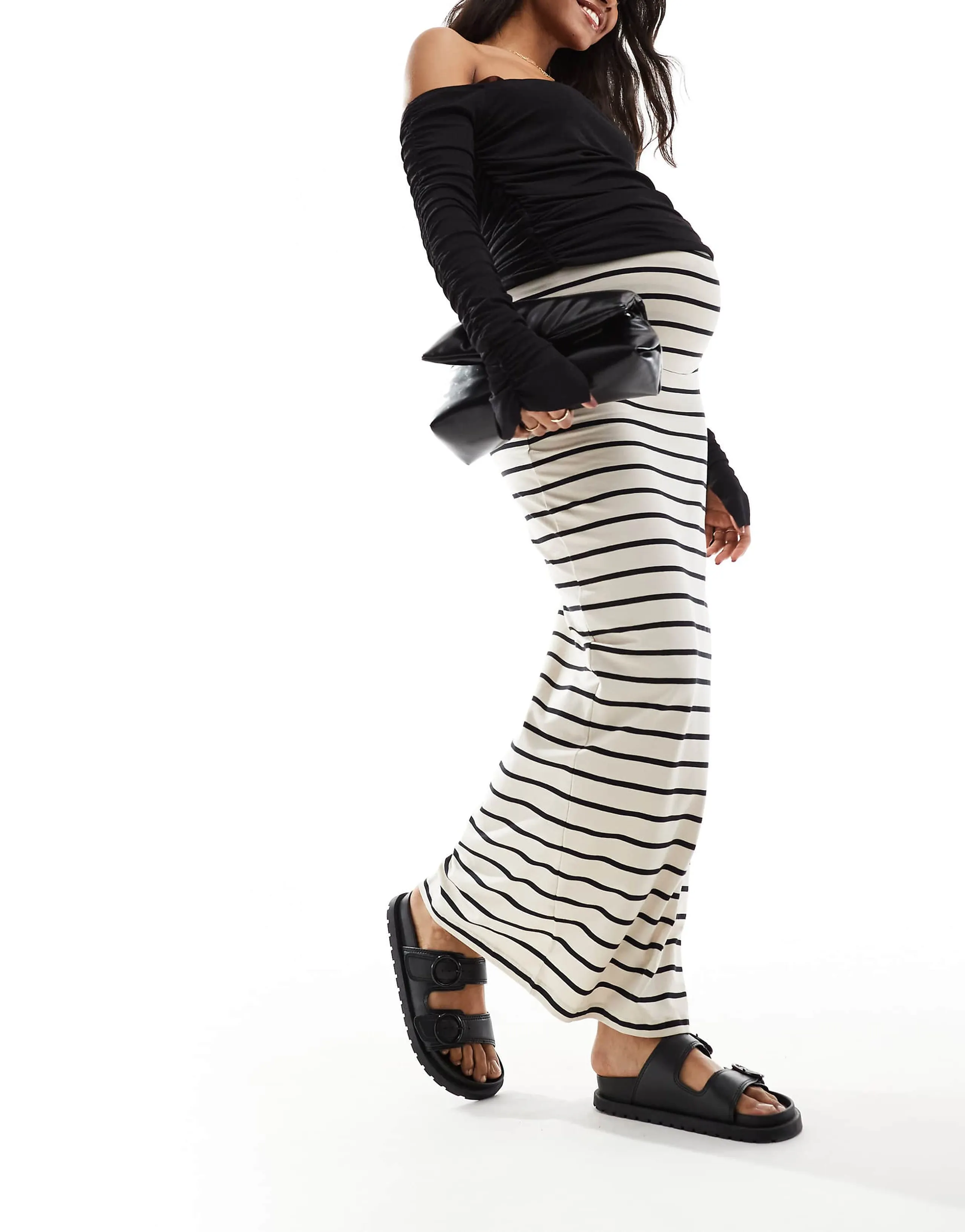 Mamalicious Maternity jersey over the bump maxi skirt in cream stripe