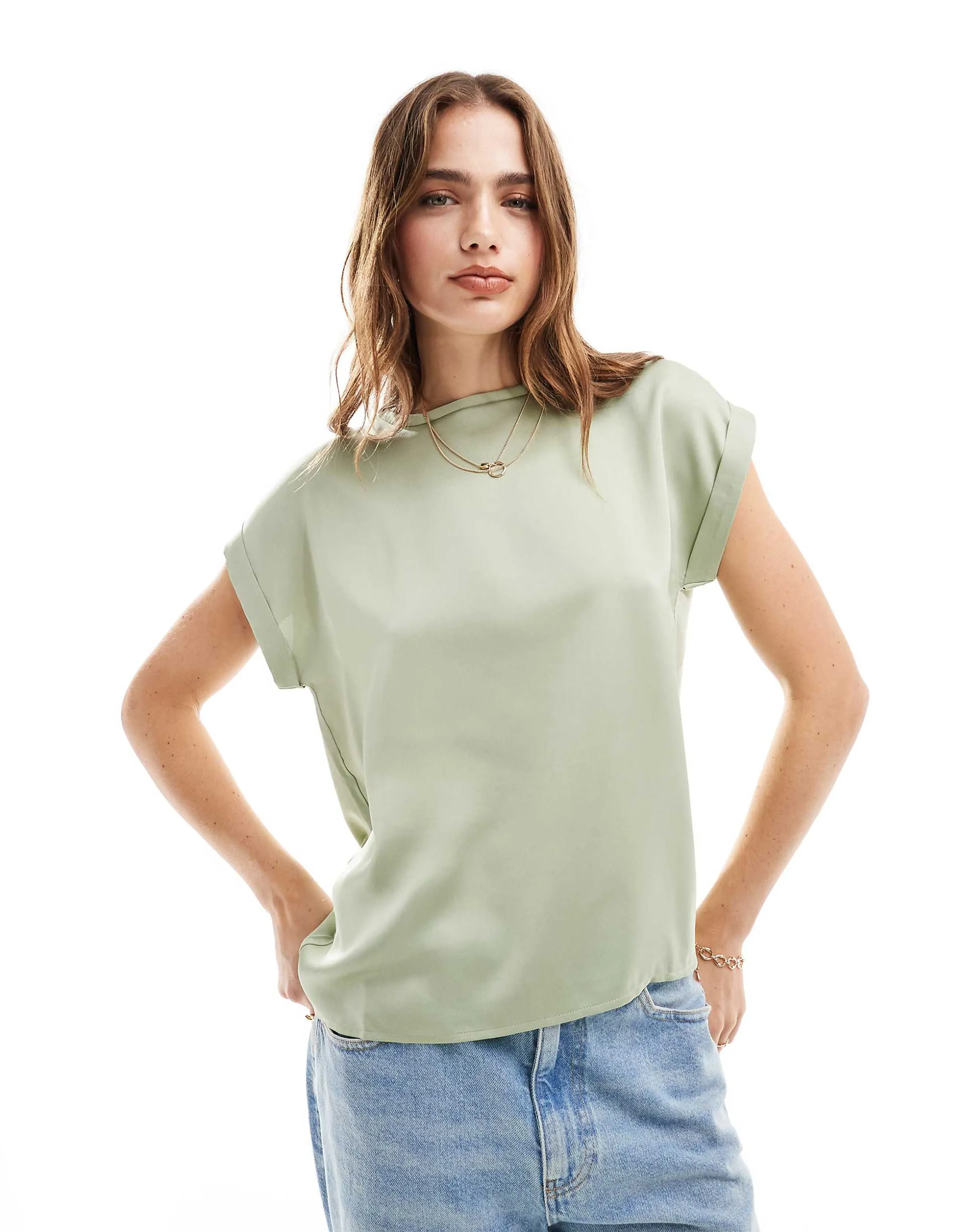 Vila satin front t-shirt with cuffed sleeve in sage green