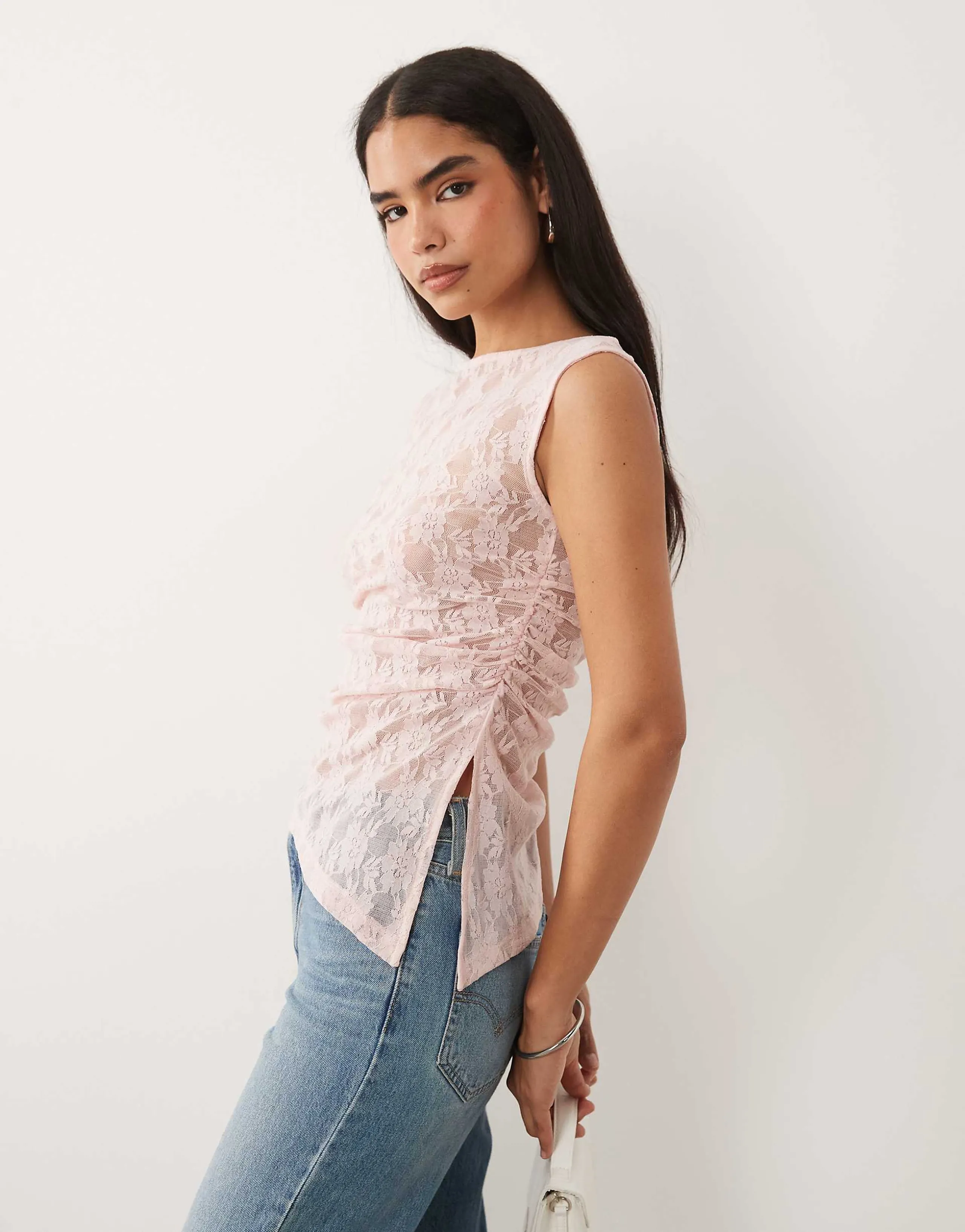 ASOS DESIGN sleeveless gathered side lace asymmetric detail top in pale pink