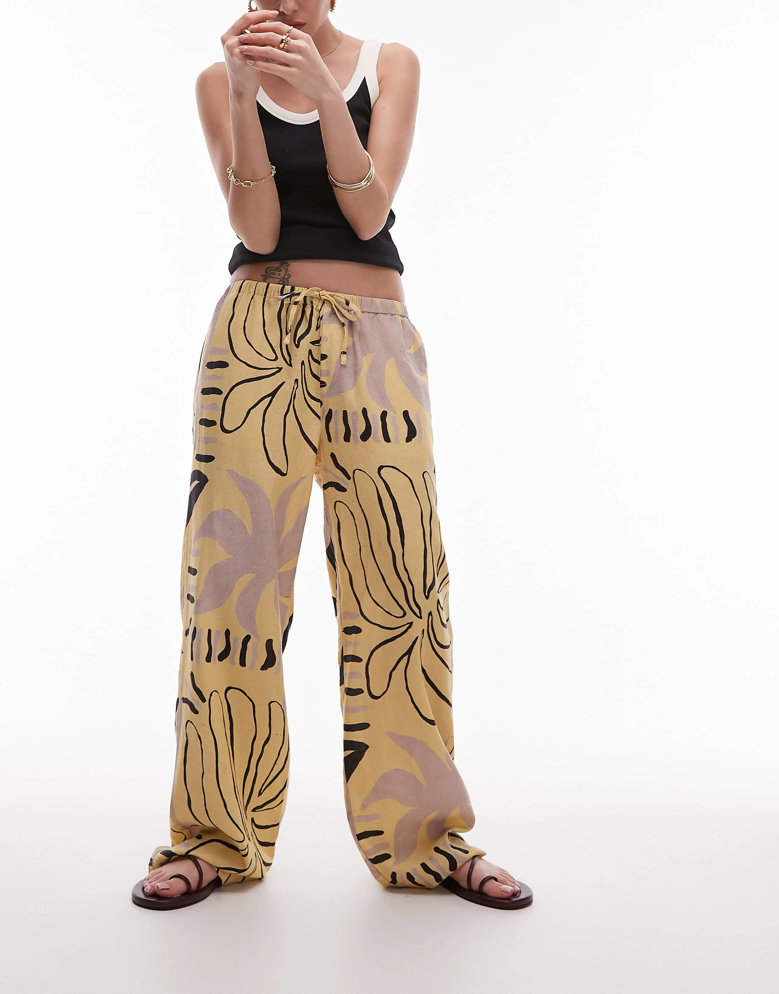Topshop linen straight leg buttermilk abstract print pants in mono