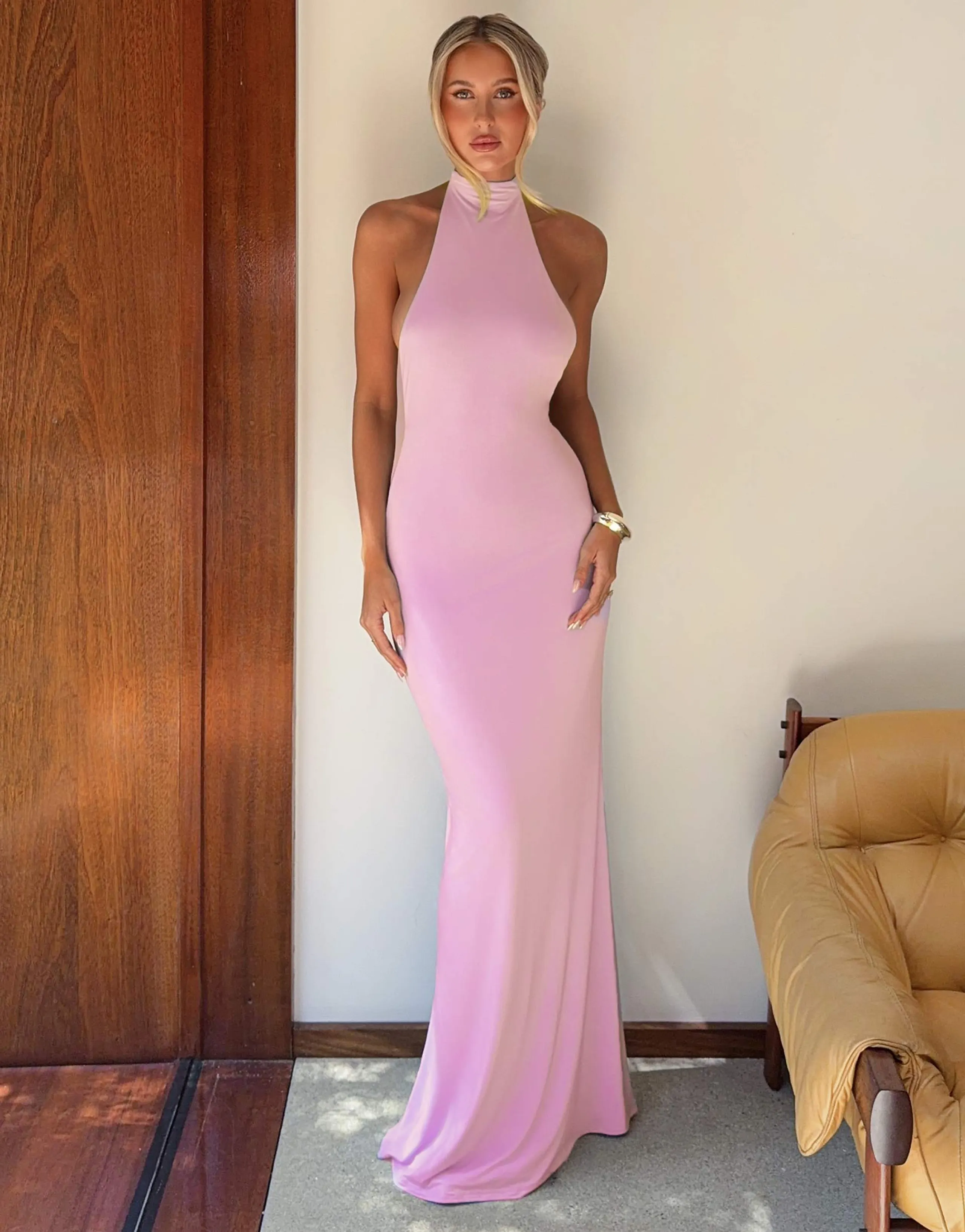 Tiger Mist x Em Venz Maddy high racer halterneck open back drape detail maxi dress in pink