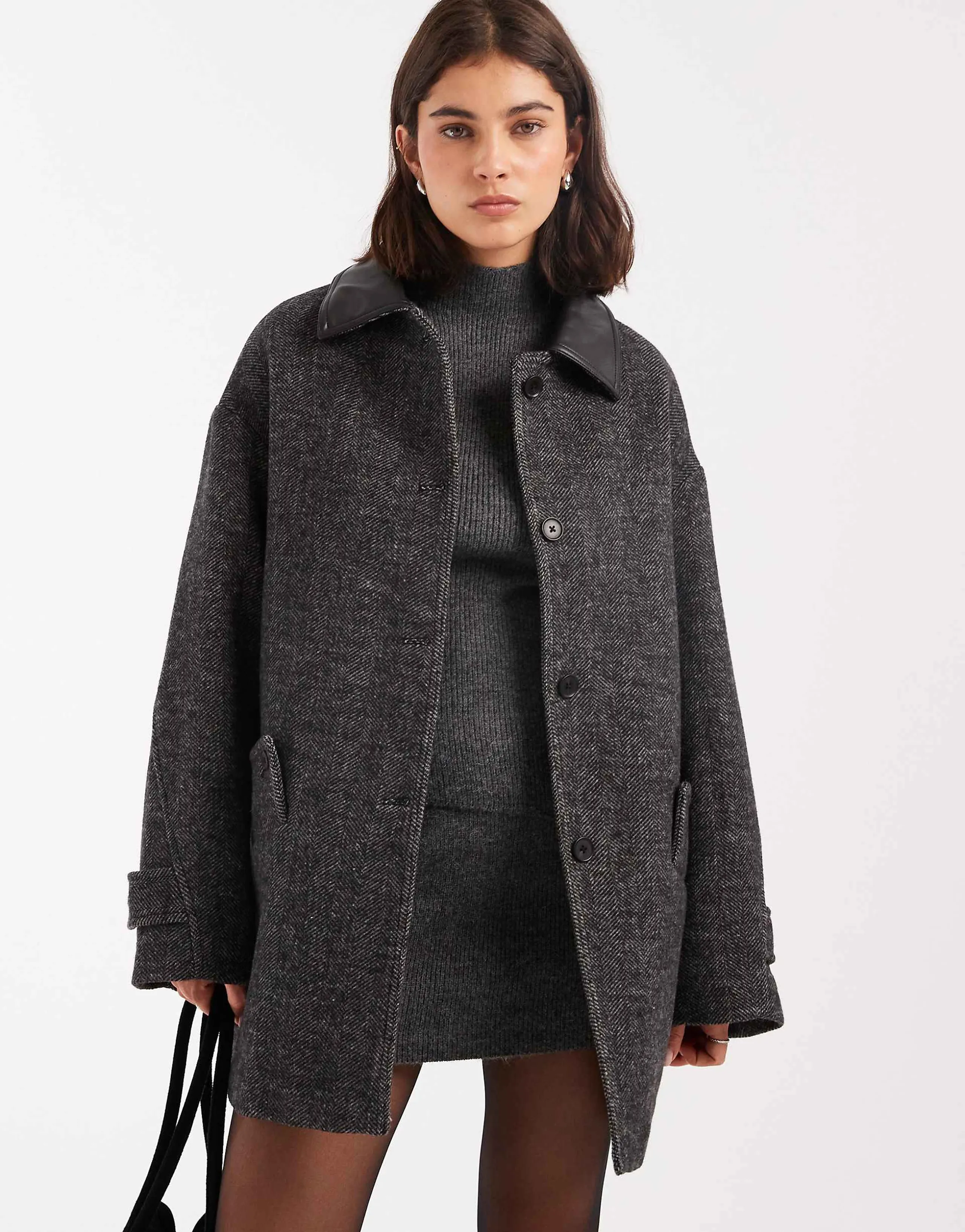 ASOS DESIGN wool blend textured jacket with collar in herringbone