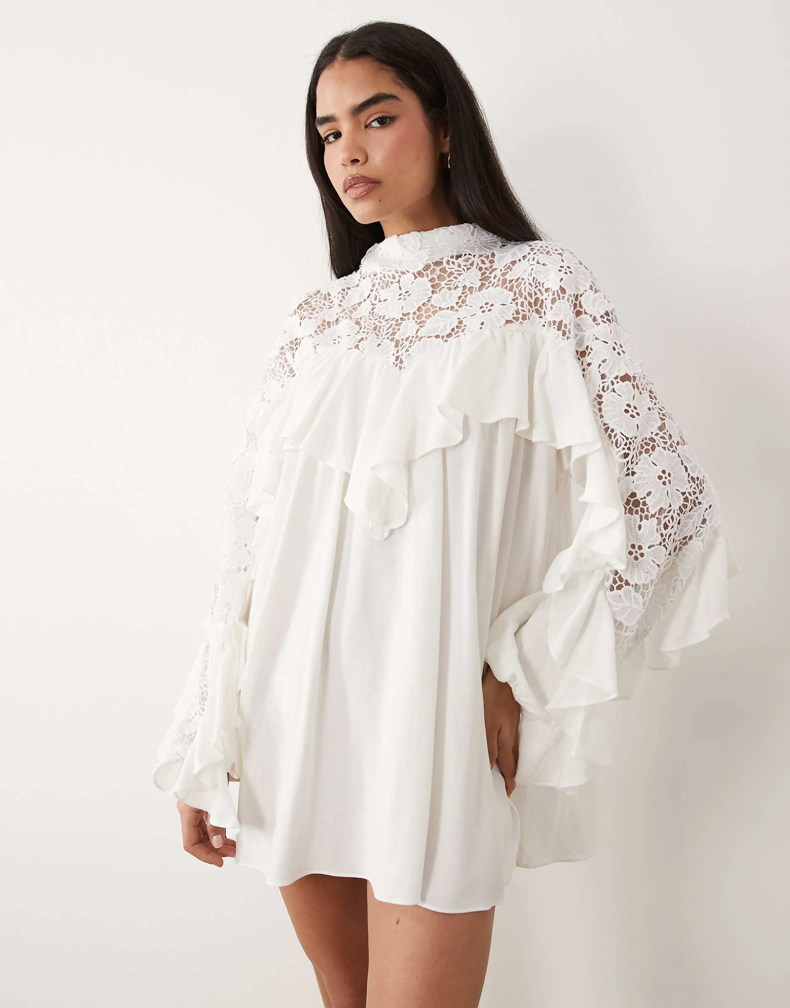 Noughts & Kisses crochet lace high neck ruffle trim mini dress in white