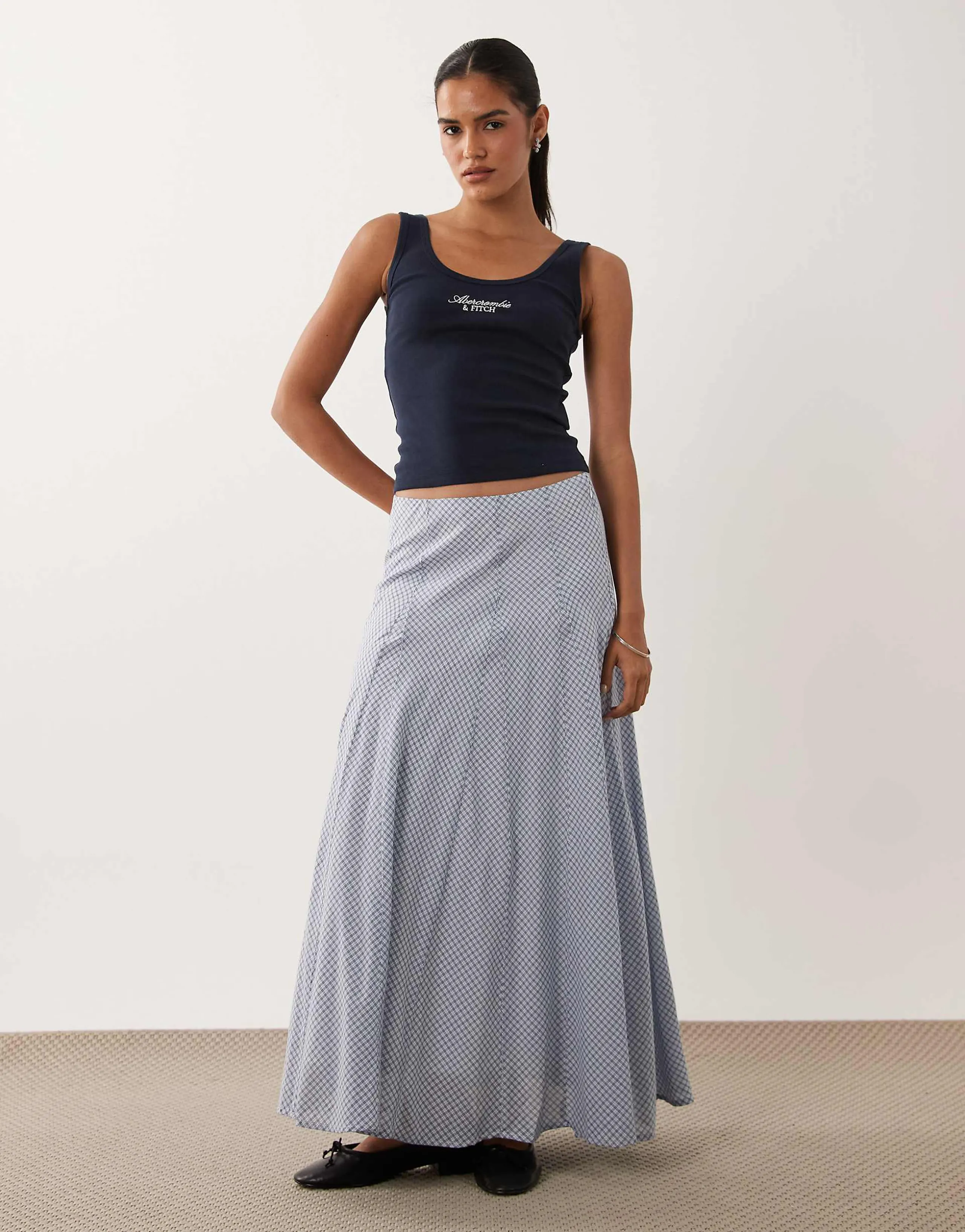 Abercrombie & Fitch flowy midaxi skirt in micro blue plaid