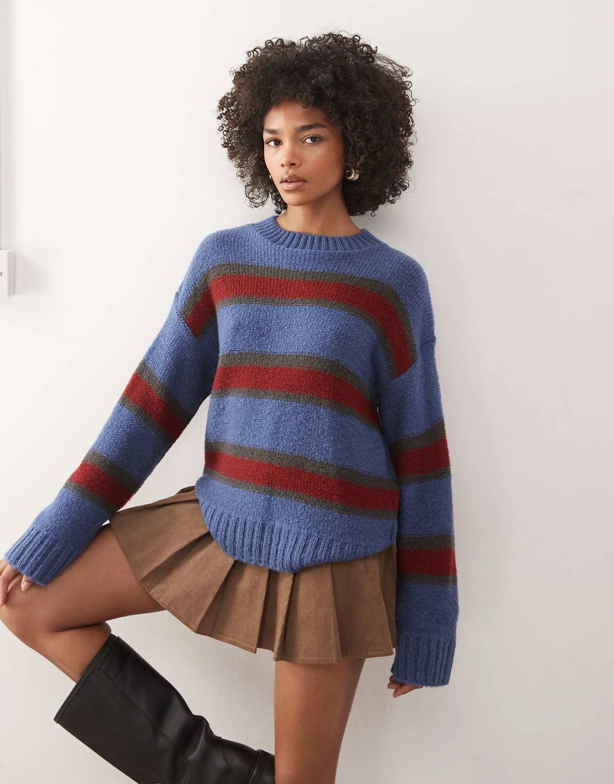 Reclaimed Vintage clean knit sweater in blue multi stripe