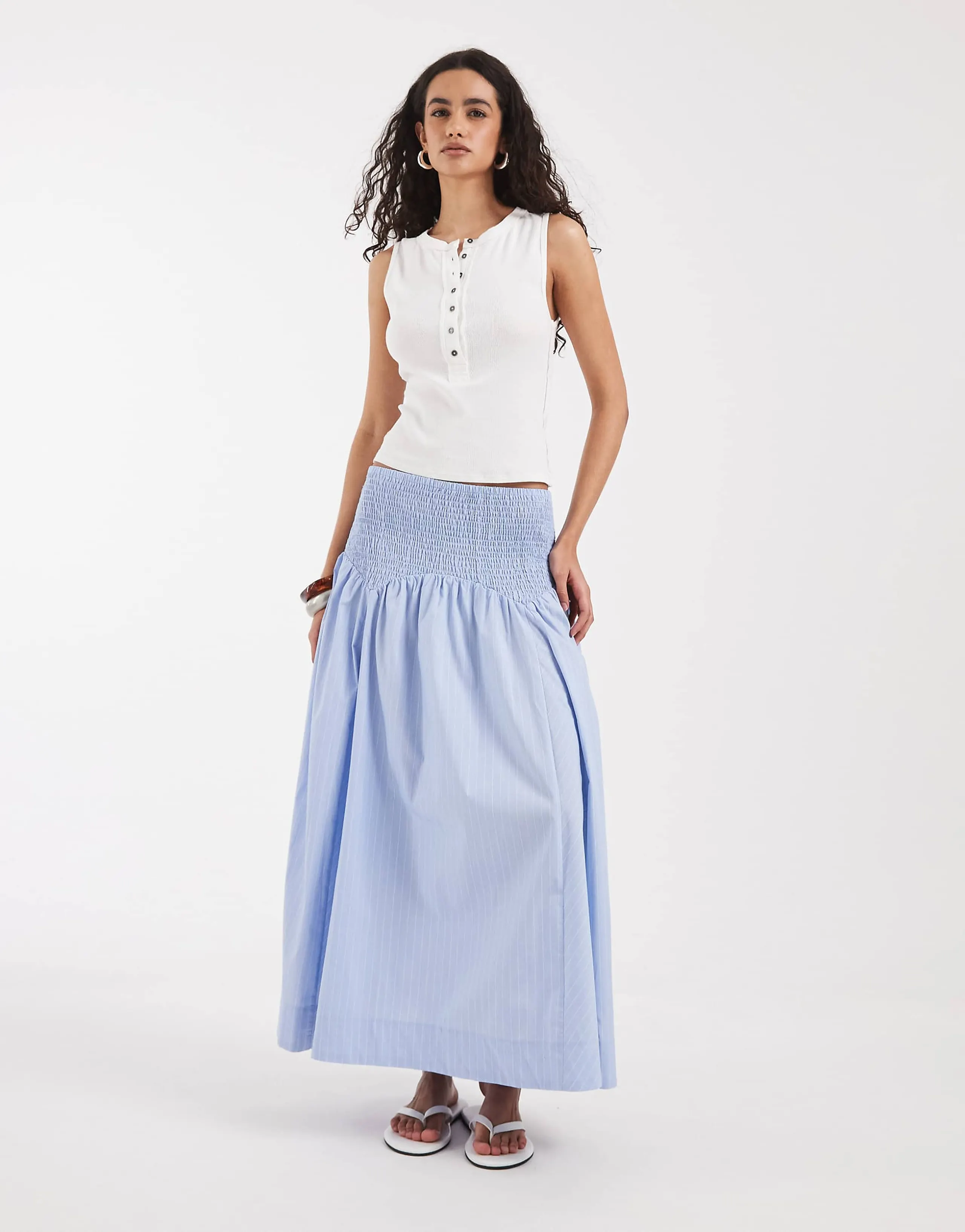 Vero Moda smock waist maxi skirt in light blue pinstripe