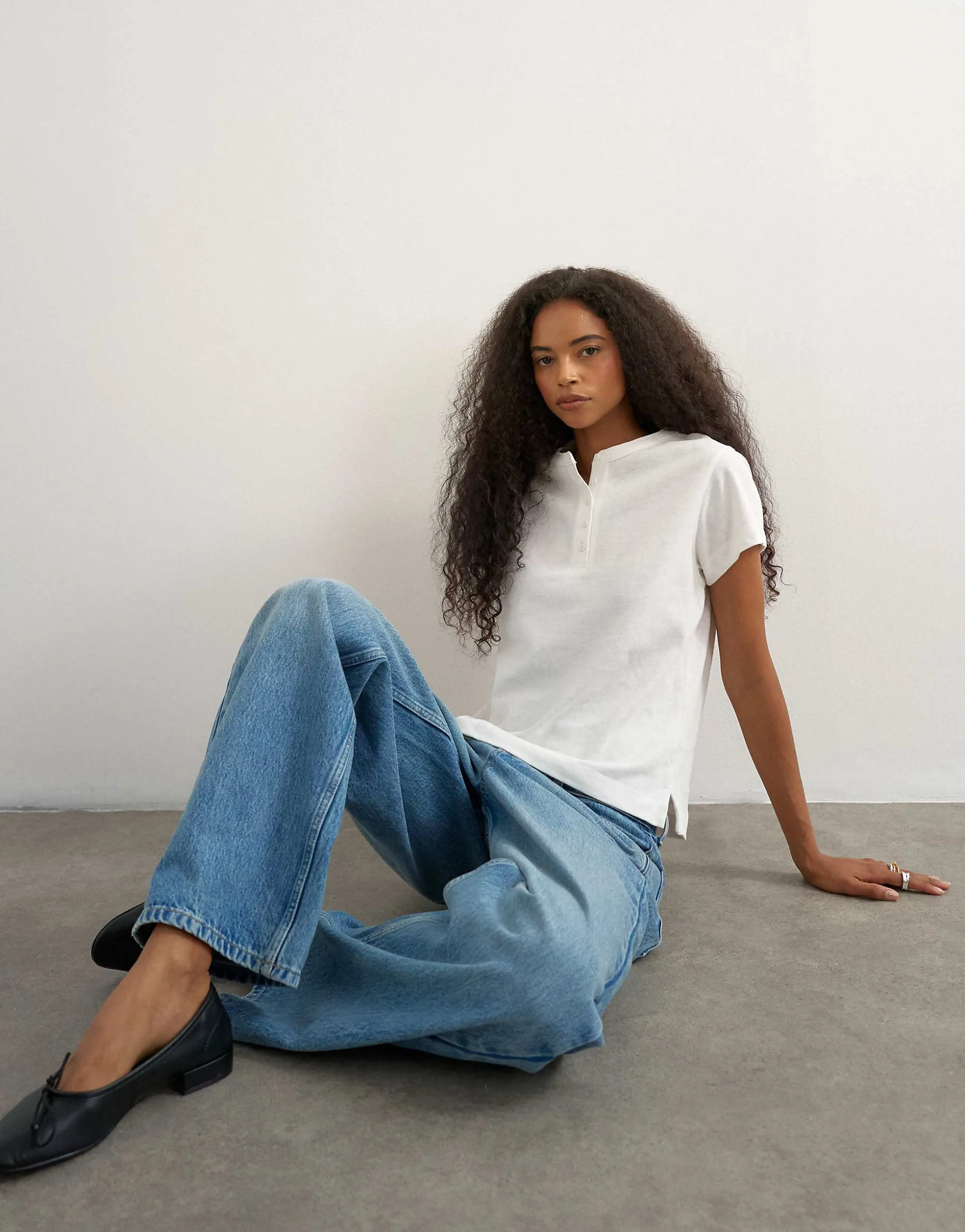 Topshop linen blend fitted short sleeve henley neck t-shirt in white