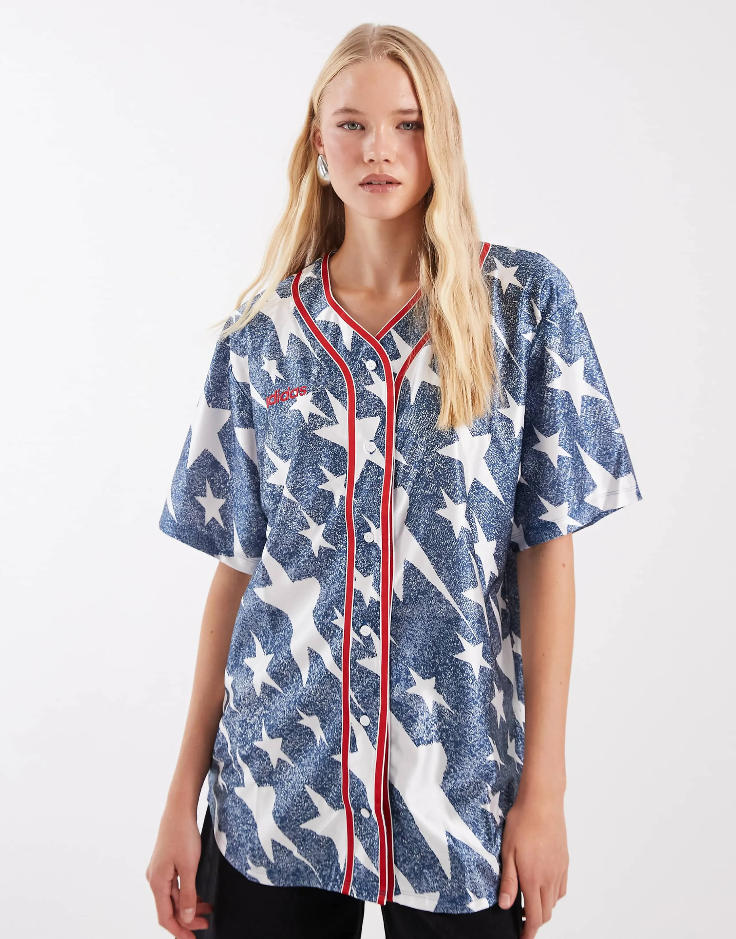 adidas Originals graphic baseball jersey in denim blue