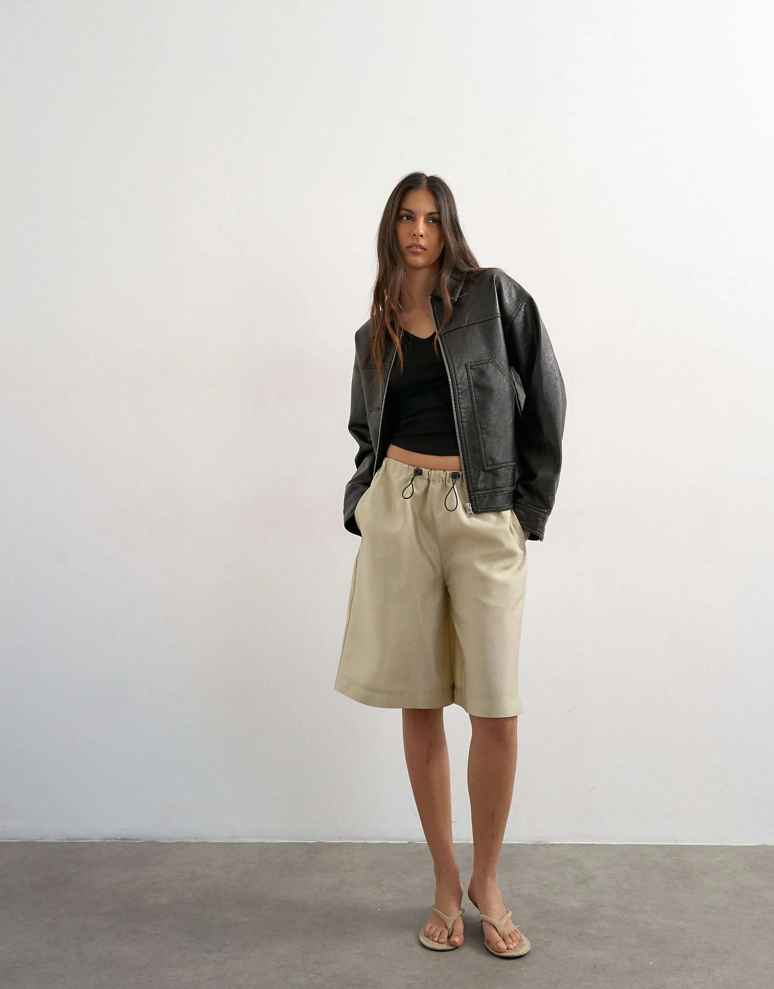 Topshop faux leather zip up jacket with patch pockets in washed black