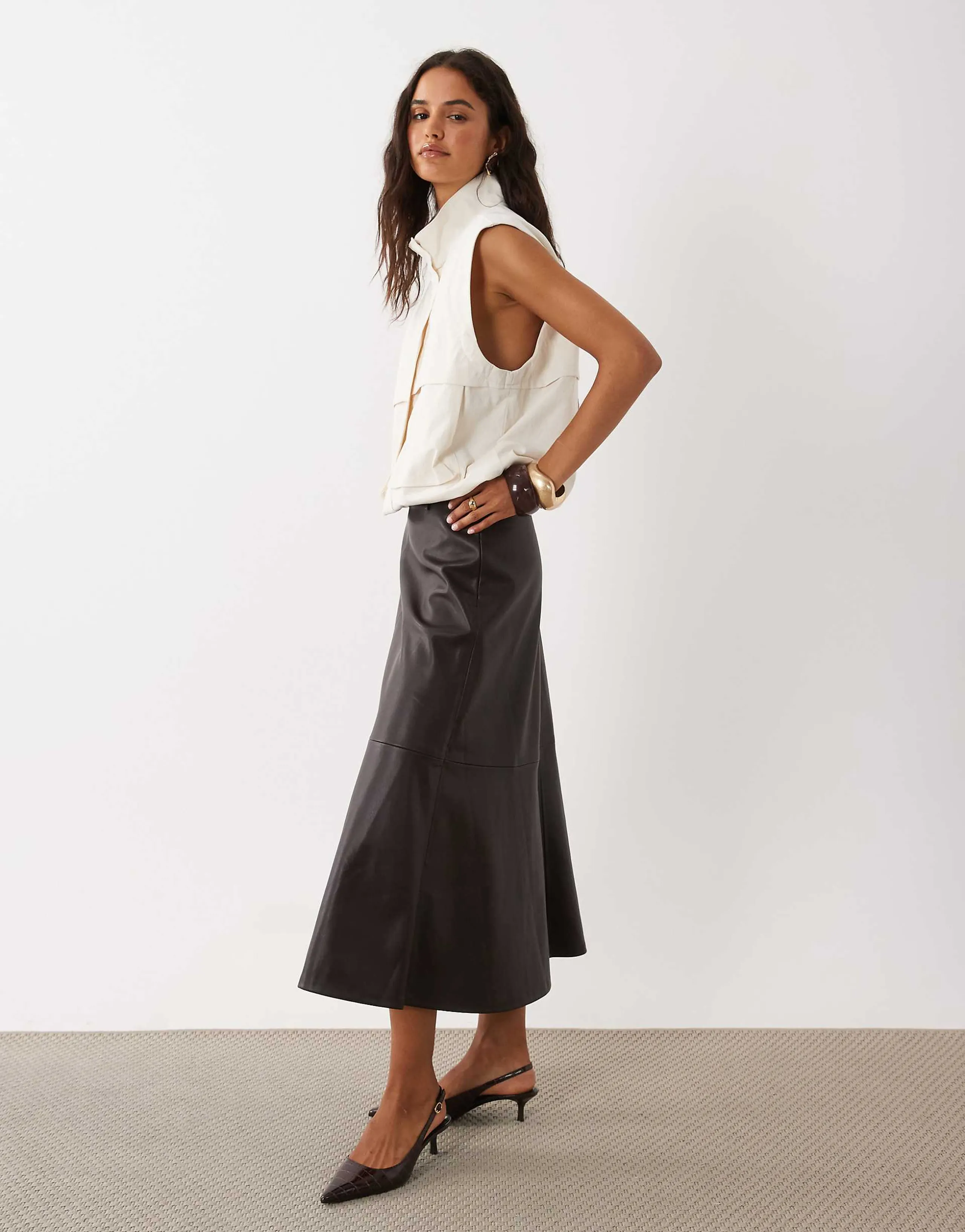 Mango faux leather midi skirt in brown