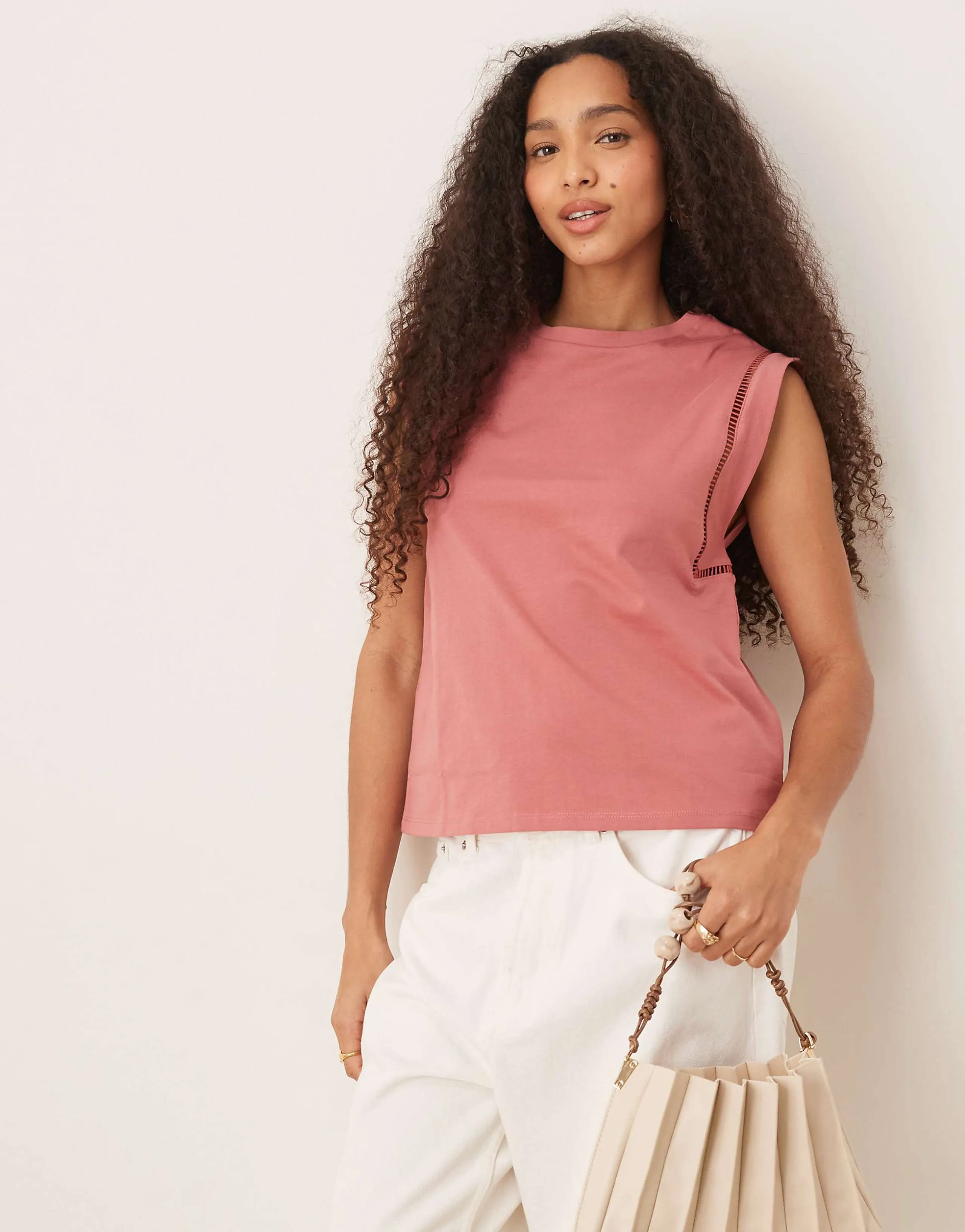 Mango loose fit T-shirt with cut out trim detail in coral pink