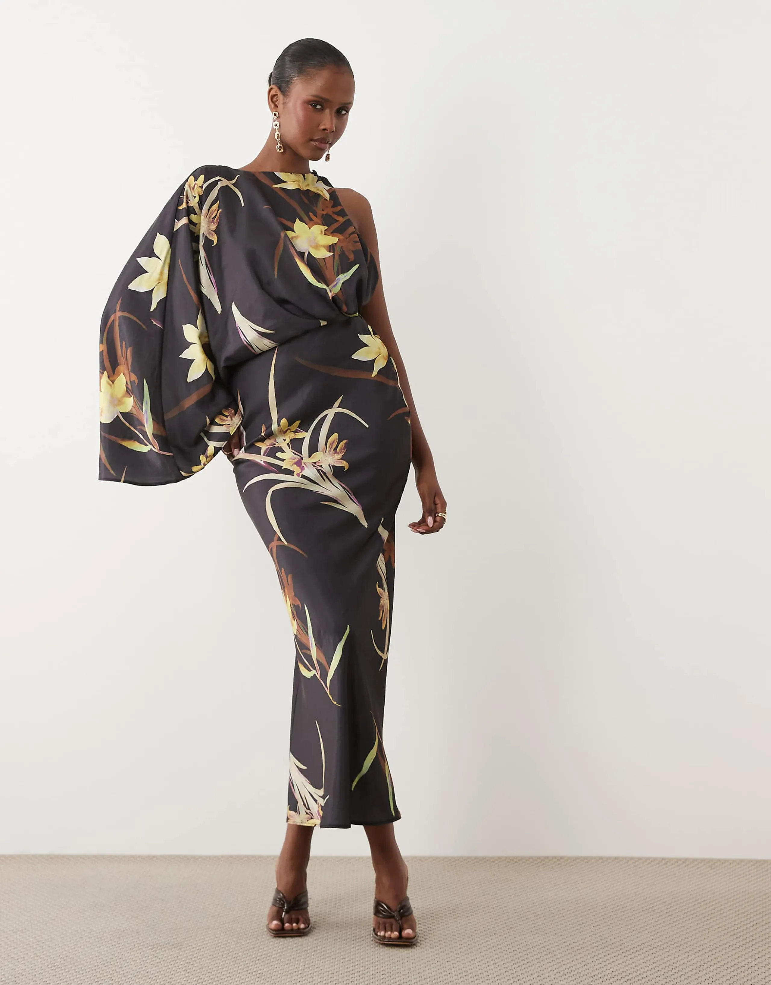 ASOS DESIGN Asymmetric one draped sleeve gathered waist midaxi dress