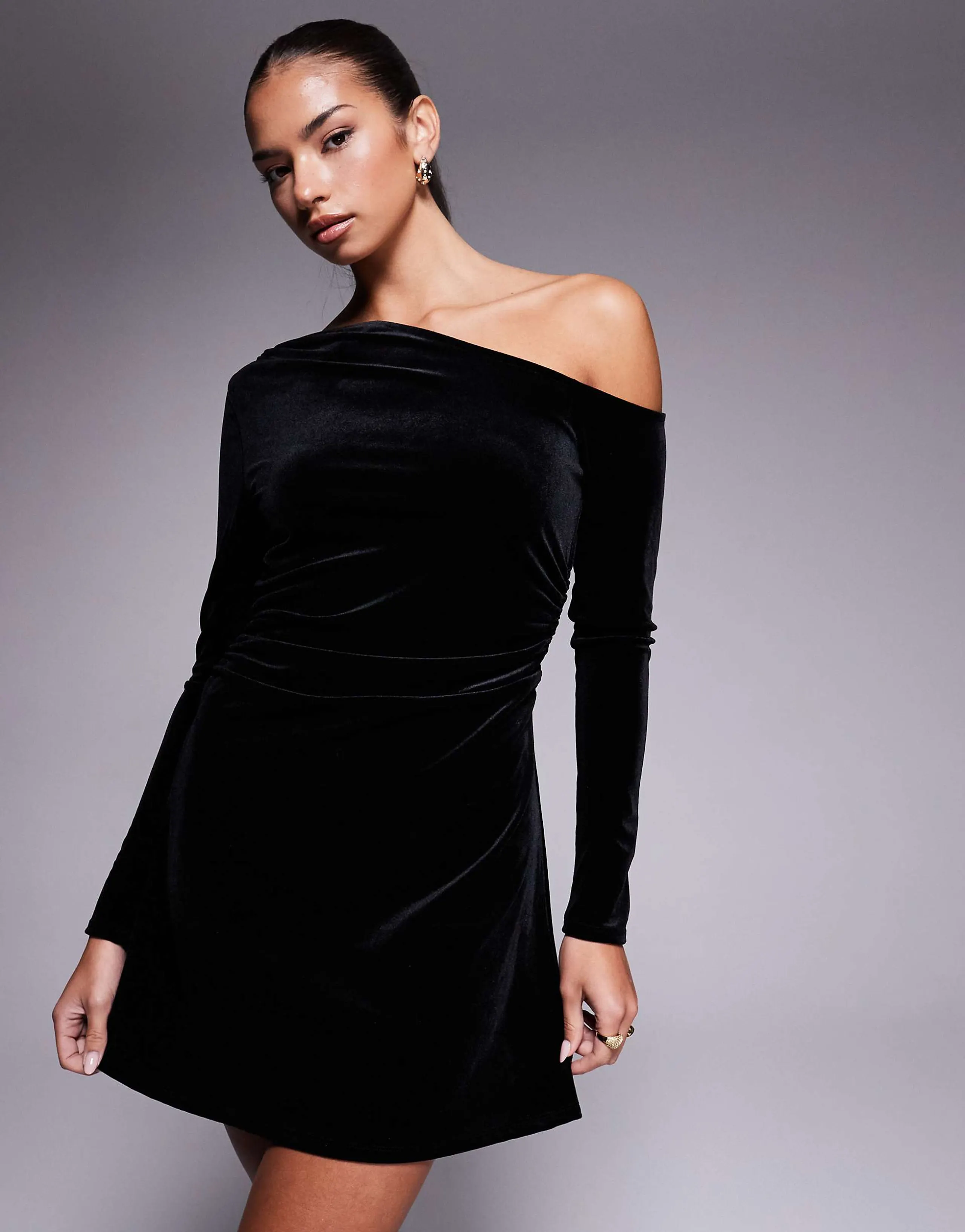 ASOS DESIGN velvet fallen shoulder mini dress in black