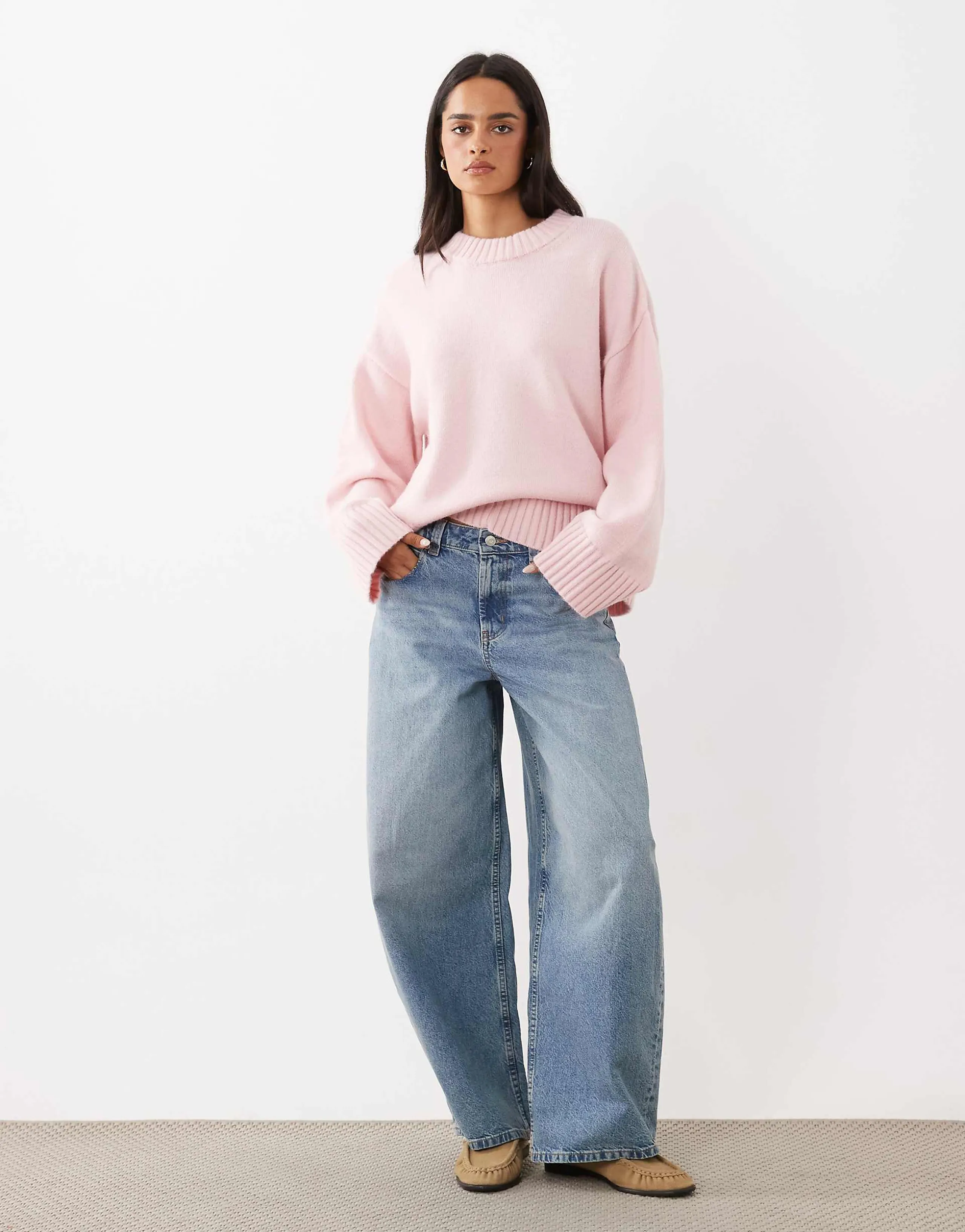 Gina Tricot crew neck knit sweater with wide sleeves in pink