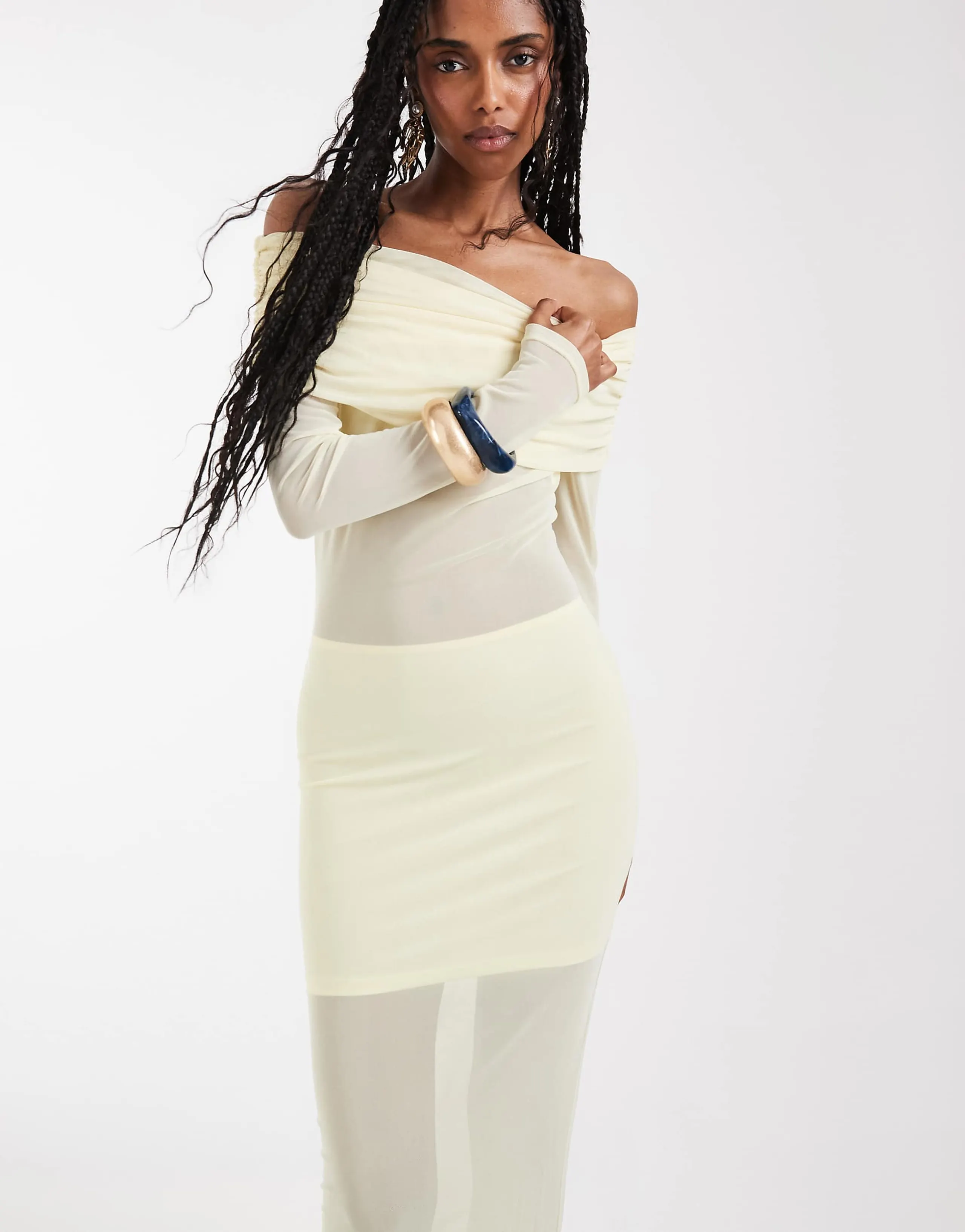 Aria Cove mesh bardot long sleeve exposed panel & sheer hem maxi dress in yellow