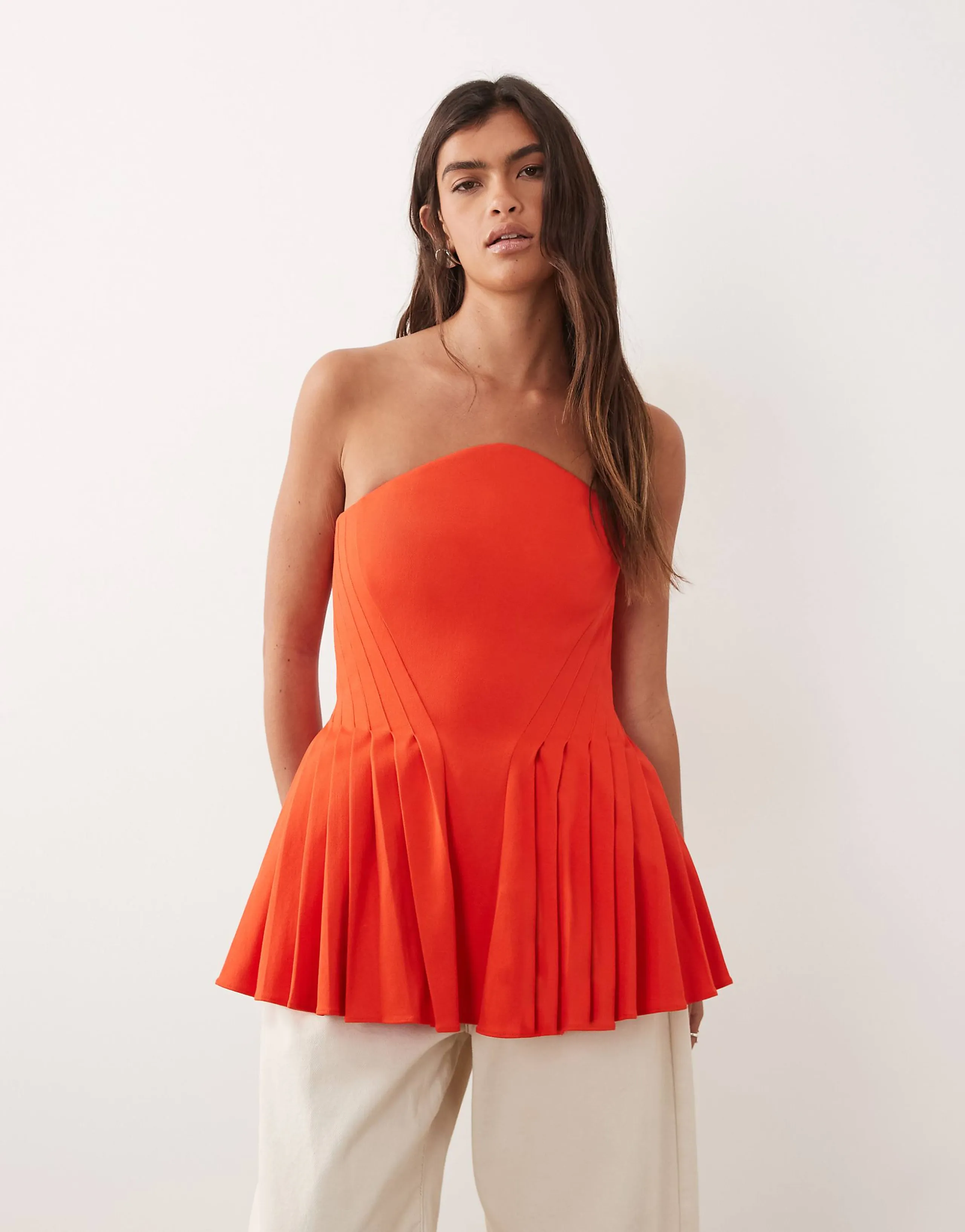 ARRANGE pleat detail bandeau peplum top in red