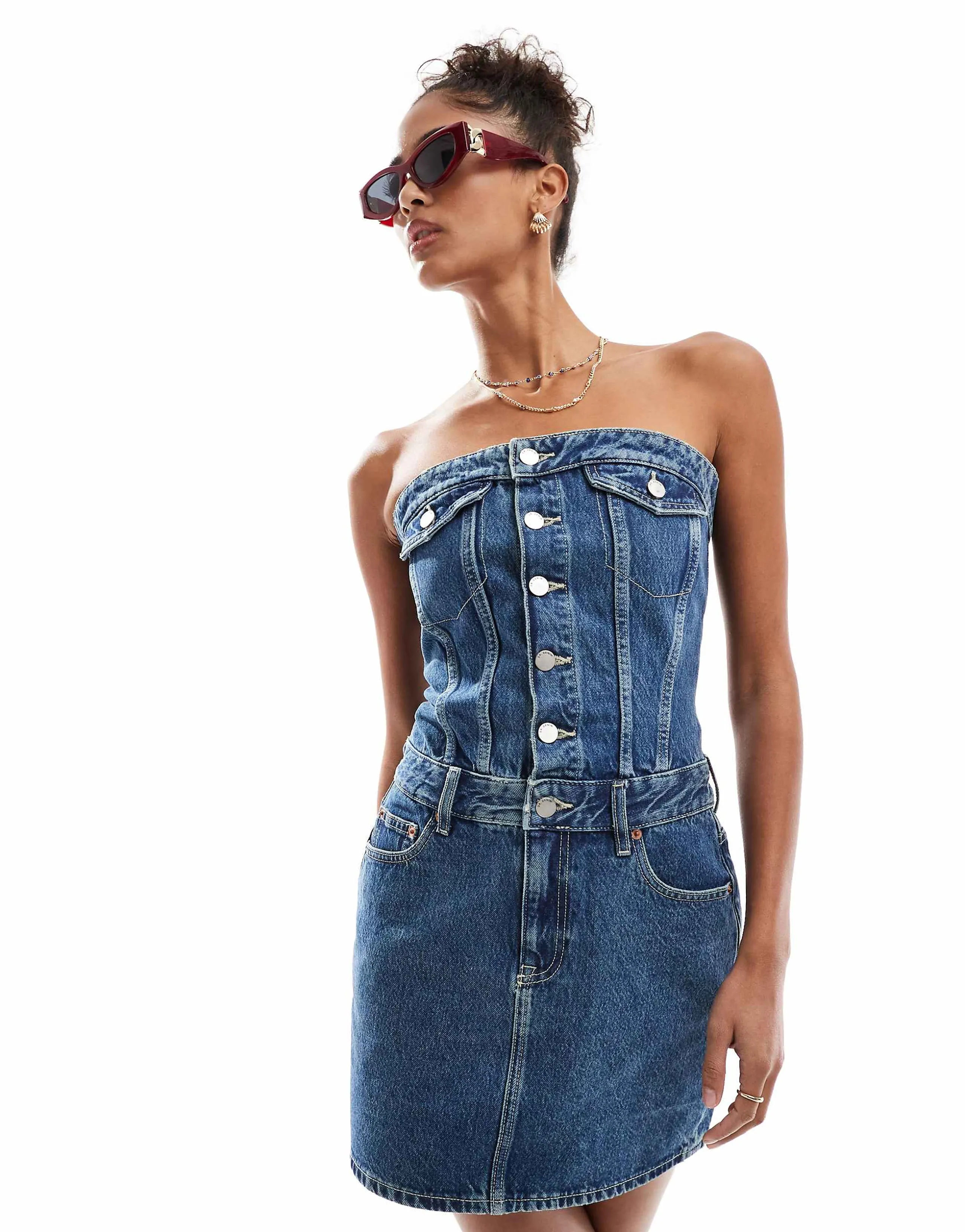 Dr Denim Carlisle denim bandeau mini dress with button front in midwash blue
